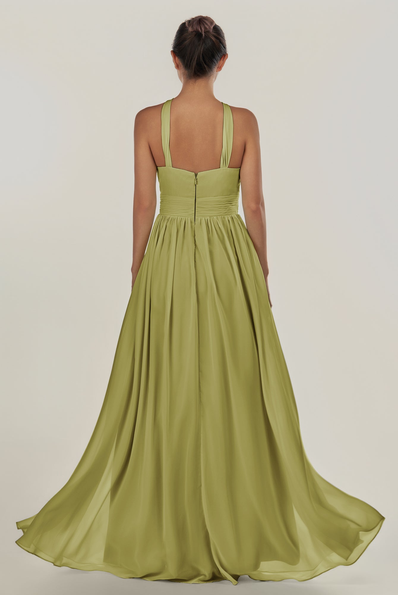 KissDress-Ciri Moss Green A Line Chiffon Halter Neck Pleated Long Bridesmaid Dress with Slit