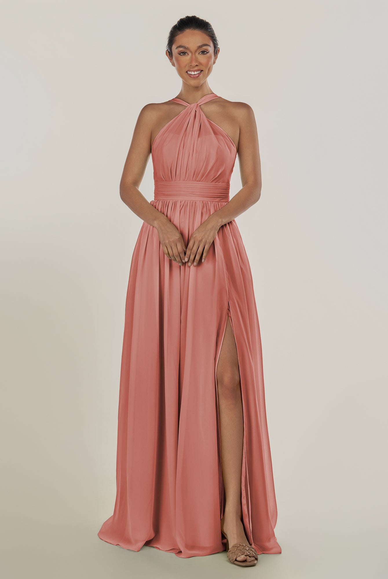 KissDress-Ciri Mulberry A Line Chiffon Halter Neck Pleated Long Bridesmaid Dress with Slit