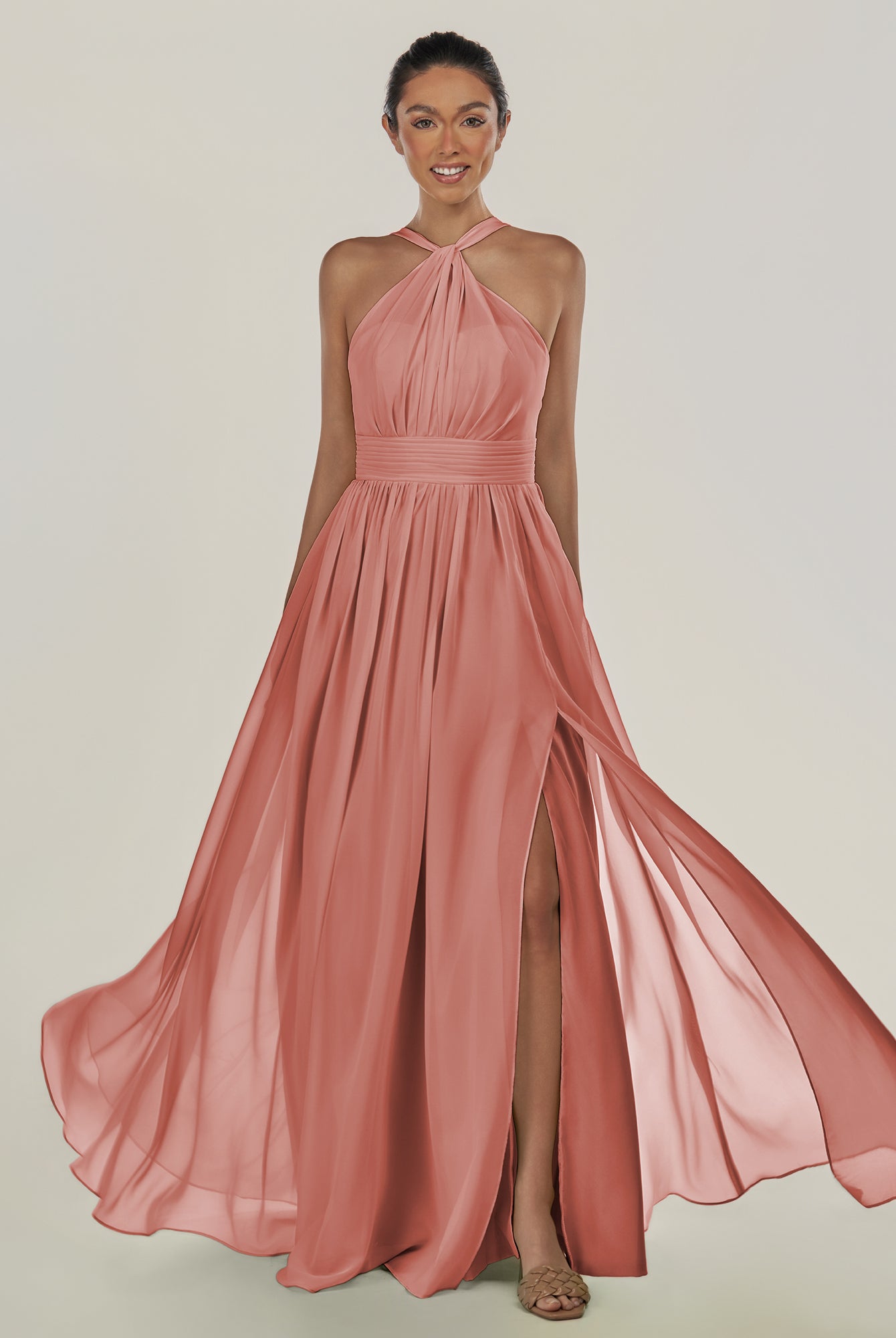 KissDress-Ciri Mulberry A Line Chiffon Halter Neck Pleated Long Bridesmaid Dress with Slit