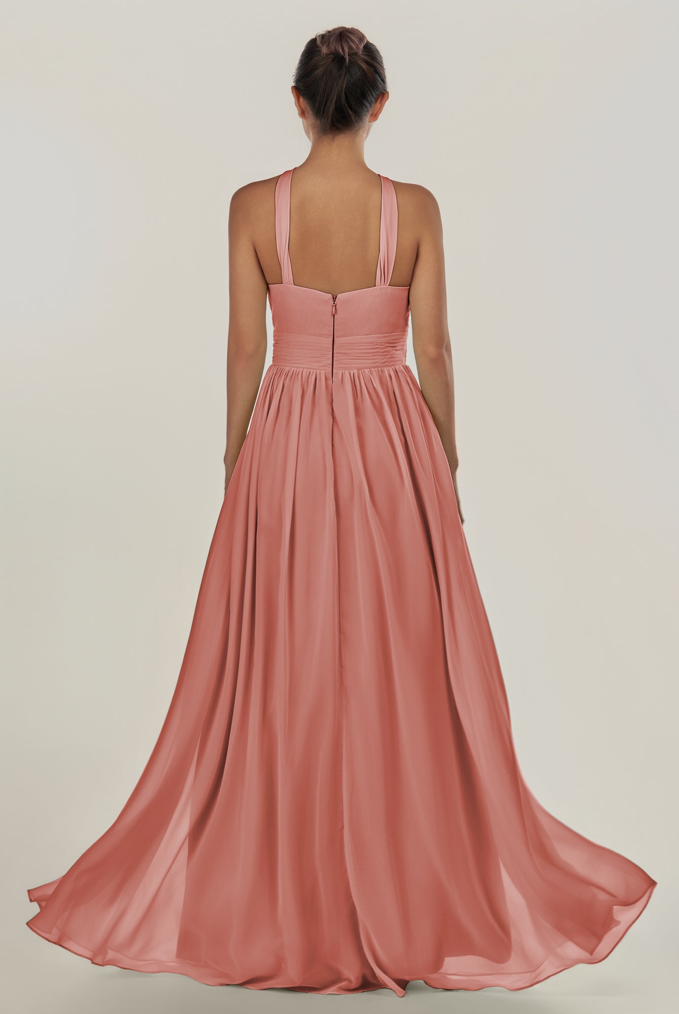 KissDress-Ciri Mulberry A Line Chiffon Halter Neck Pleated Long Bridesmaid Dress with Slit