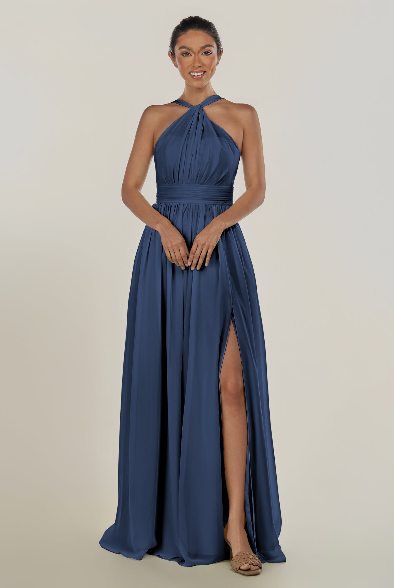 KissDress-Ciri Navy A Line Chiffon Halter Neck Pleated Long Bridesmaid Dress with Slit
