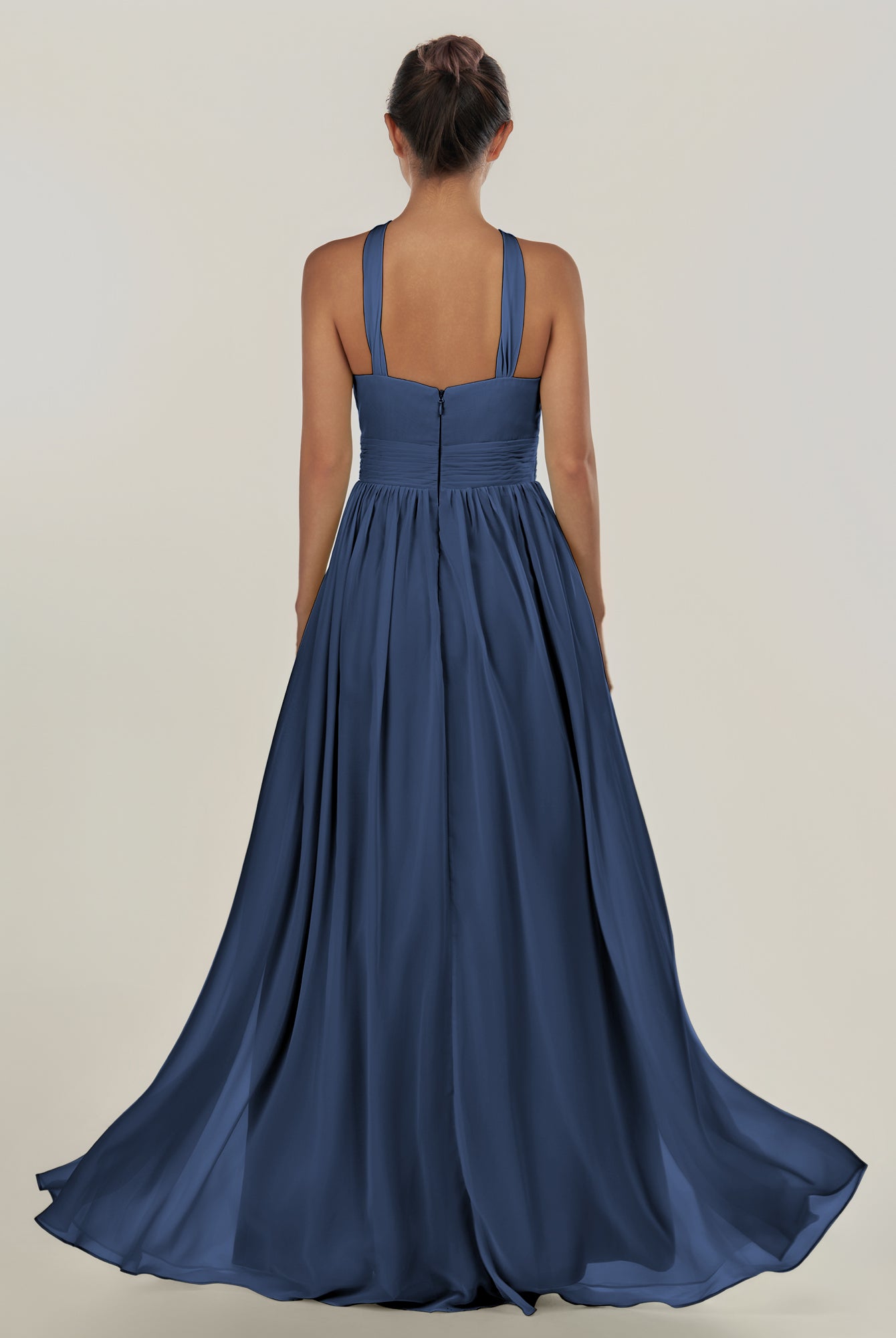 KissDress-Ciri Navy A Line Chiffon Halter Neck Pleated Long Bridesmaid Dress with Slit