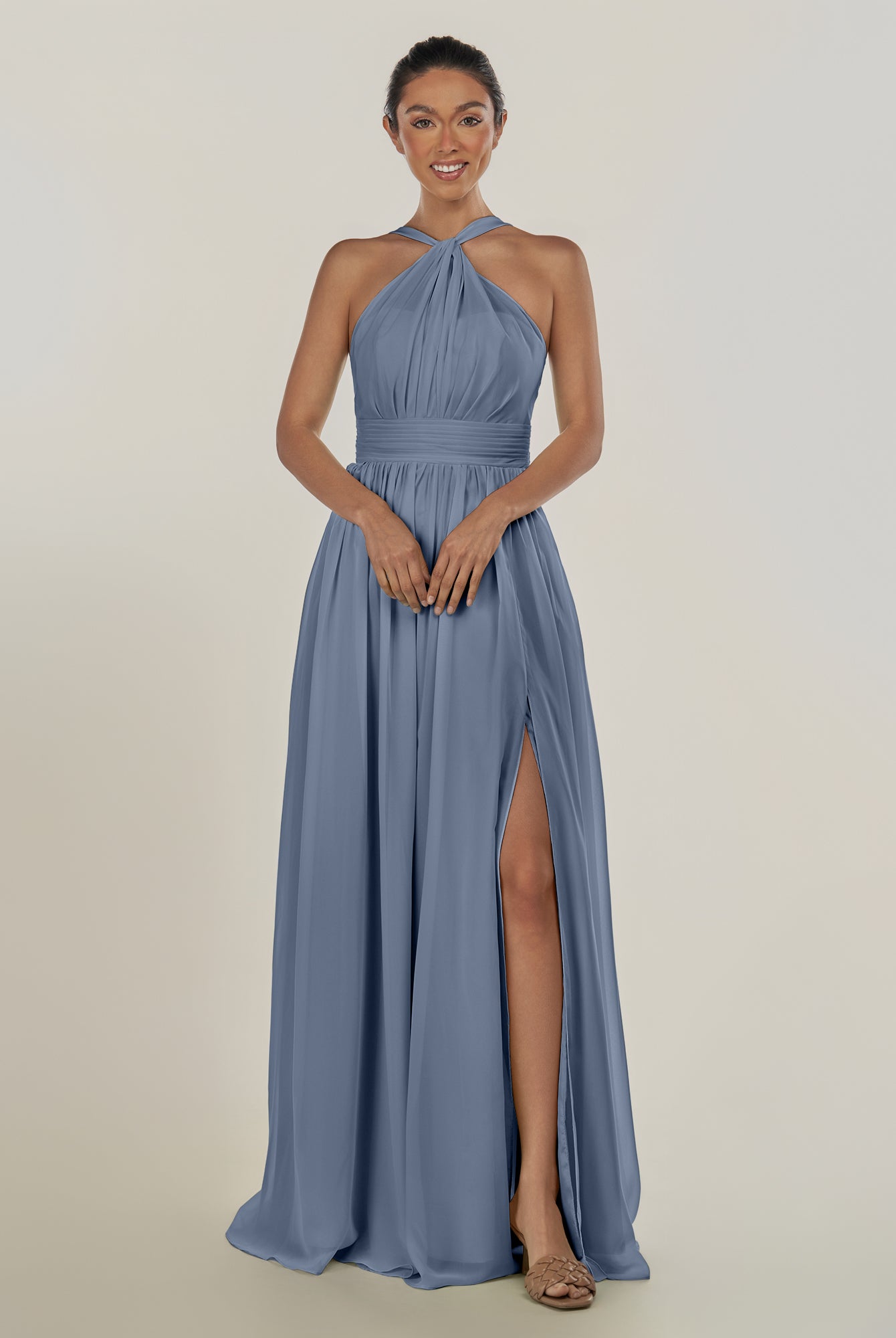KissDress-Ciri Neptune A Line Chiffon Halter Neck Pleated Long Bridesmaid Dress with Slit