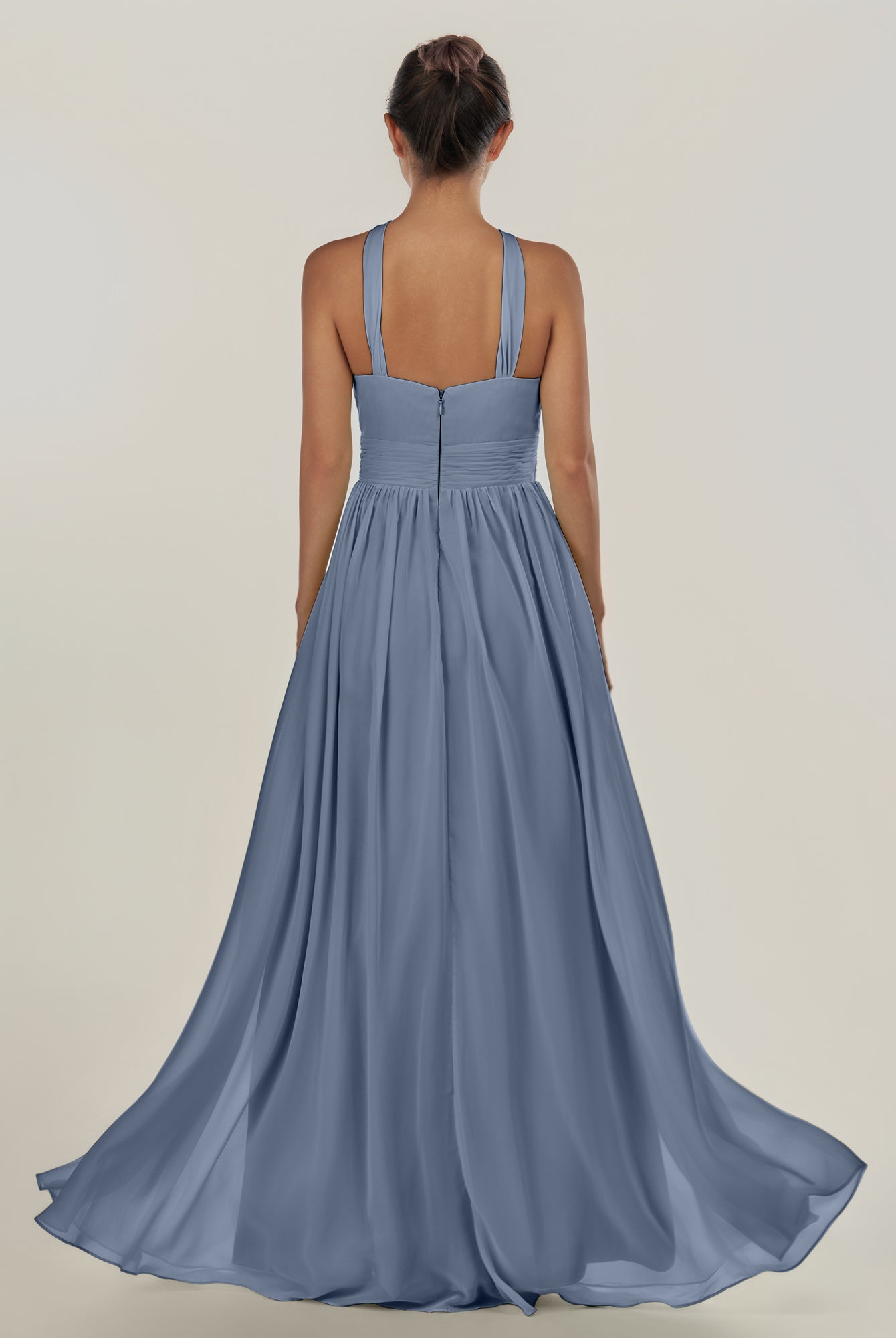KissDress-Ciri Neptune A Line Chiffon Halter Neck Pleated Long Bridesmaid Dress with Slit