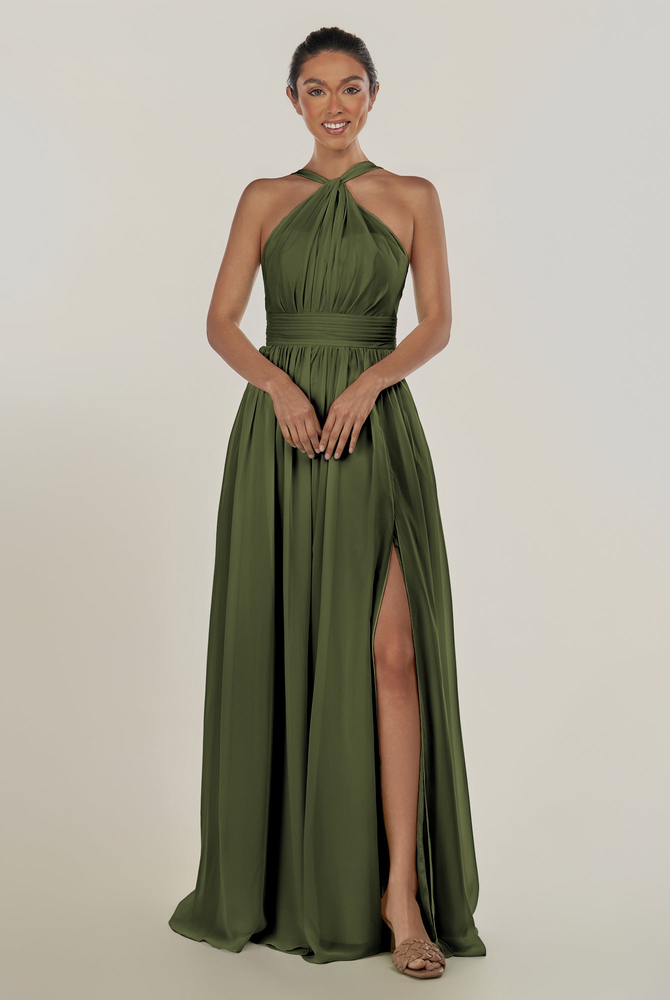 KissDress-Ciri Olive A Line Chiffon Halter Neck Pleated Long Bridesmaid Dress with Slit