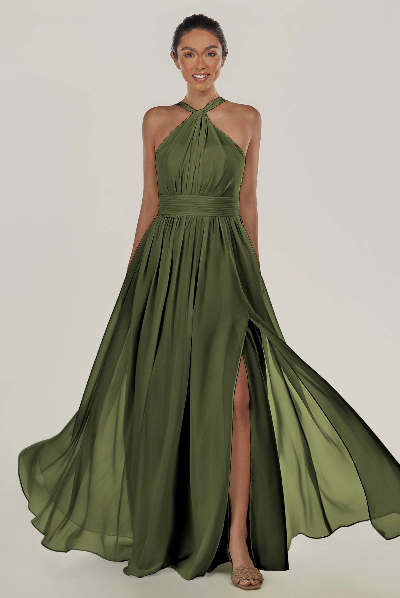 KissDress-Ciri Olive A Line Chiffon Halter Neck Pleated Long Bridesmaid Dress with Slit