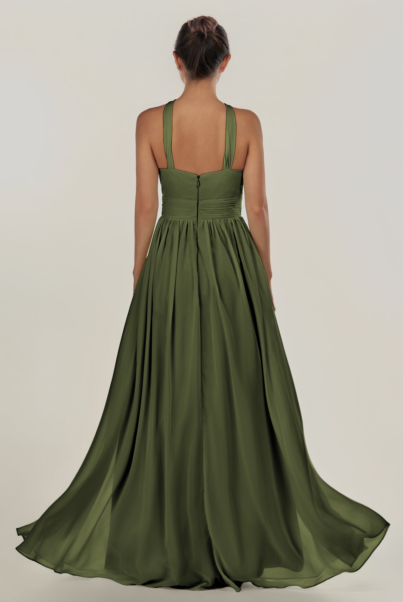 KissDress-Ciri Olive A Line Chiffon Halter Neck Pleated Long Bridesmaid Dress with Slit