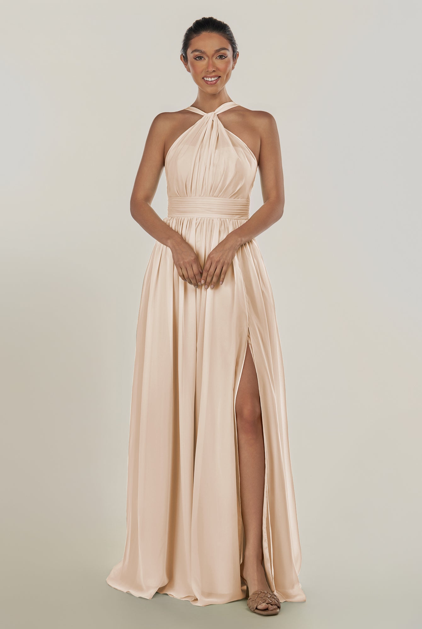 KissDress-Ciri Pale Blush A Line Chiffon Halter Neck Pleated Long Bridesmaid Dress with Slit