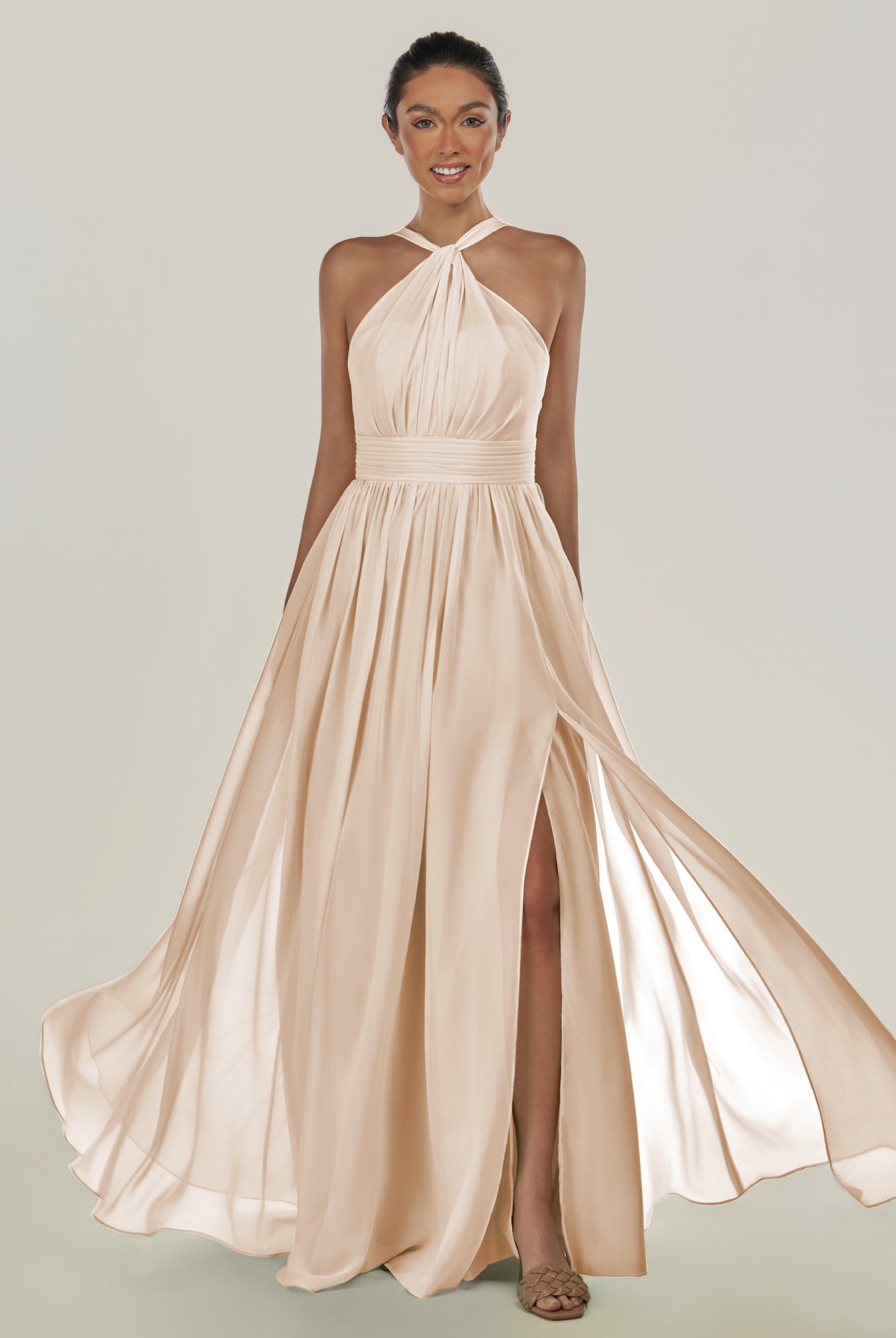 KissDress-Ciri Pale Blush A Line Chiffon Halter Neck Pleated Long Bridesmaid Dress with Slit