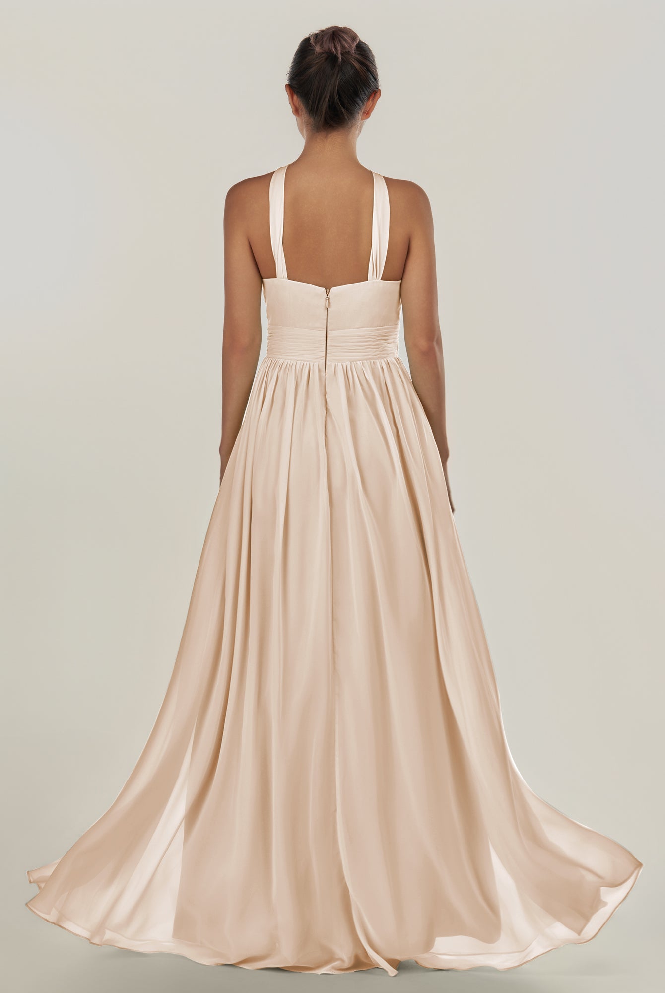 KissDress-Ciri Pale Blush A Line Chiffon Halter Neck Pleated Long Bridesmaid Dress with Slit