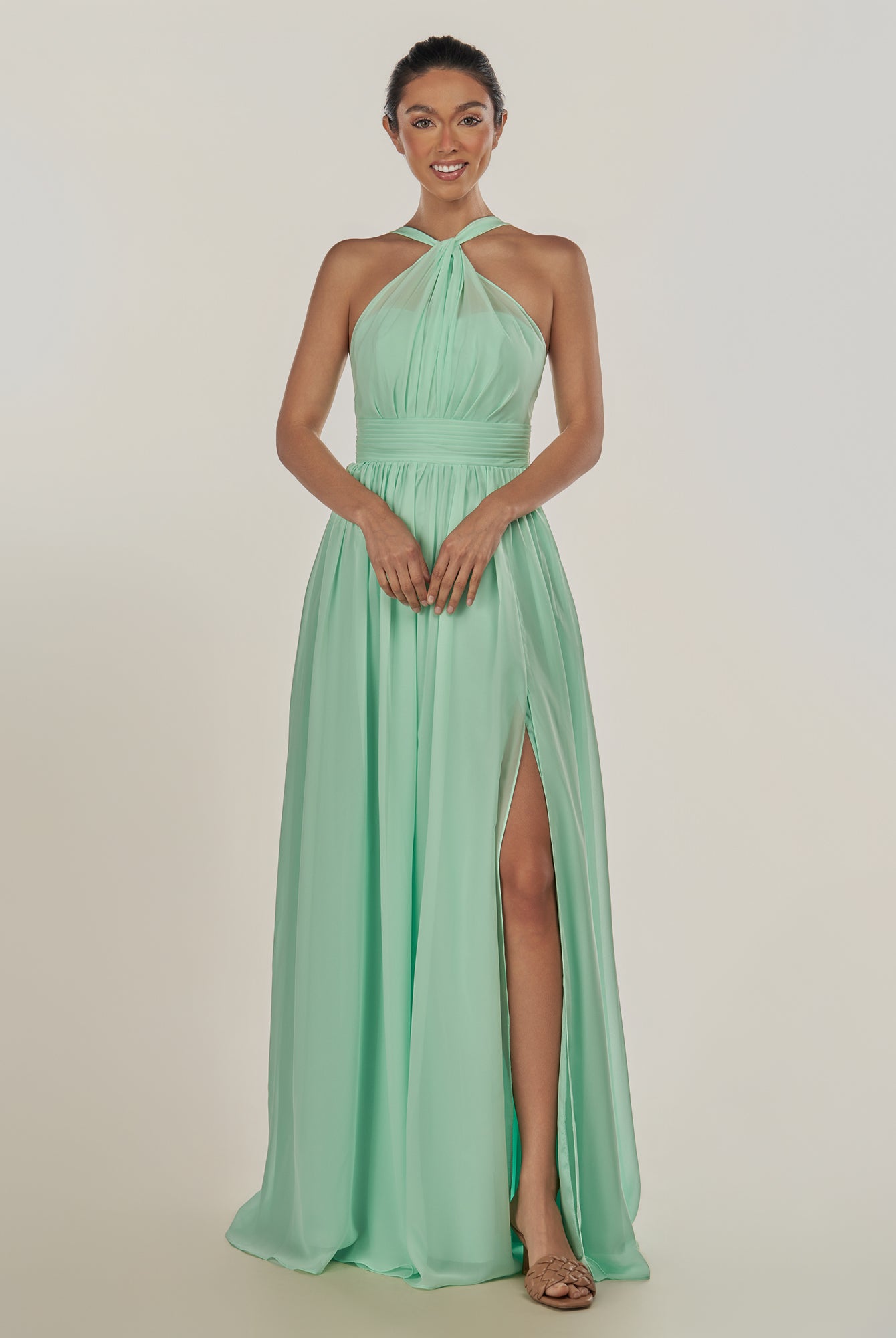 KissDress-Ciri Pale Pistachio A Line Chiffon Halter Neck Pleated Long Bridesmaid Dress with Slit