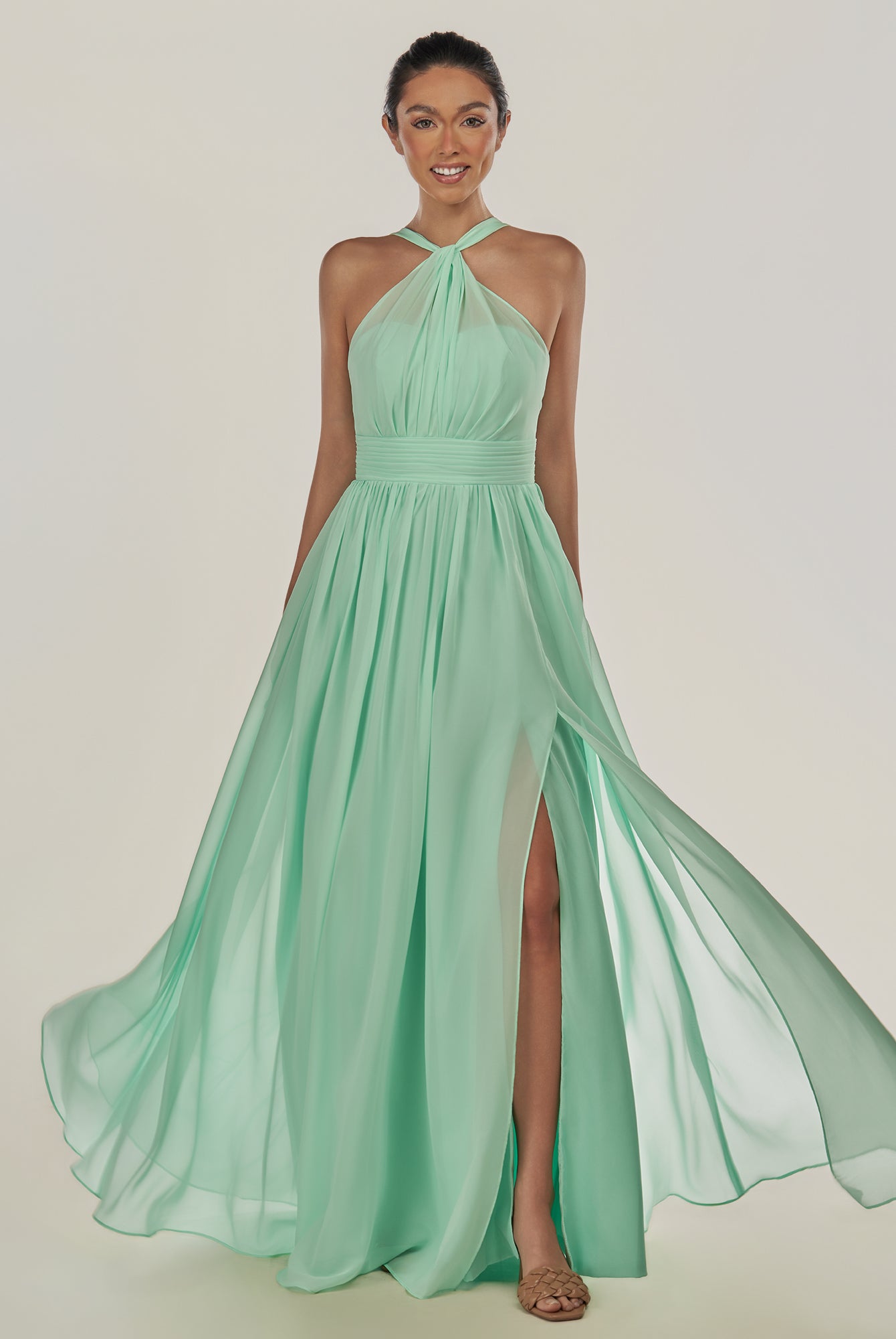 KissDress-Ciri Pale Pistachio A Line Chiffon Halter Neck Pleated Long Bridesmaid Dress with Slit