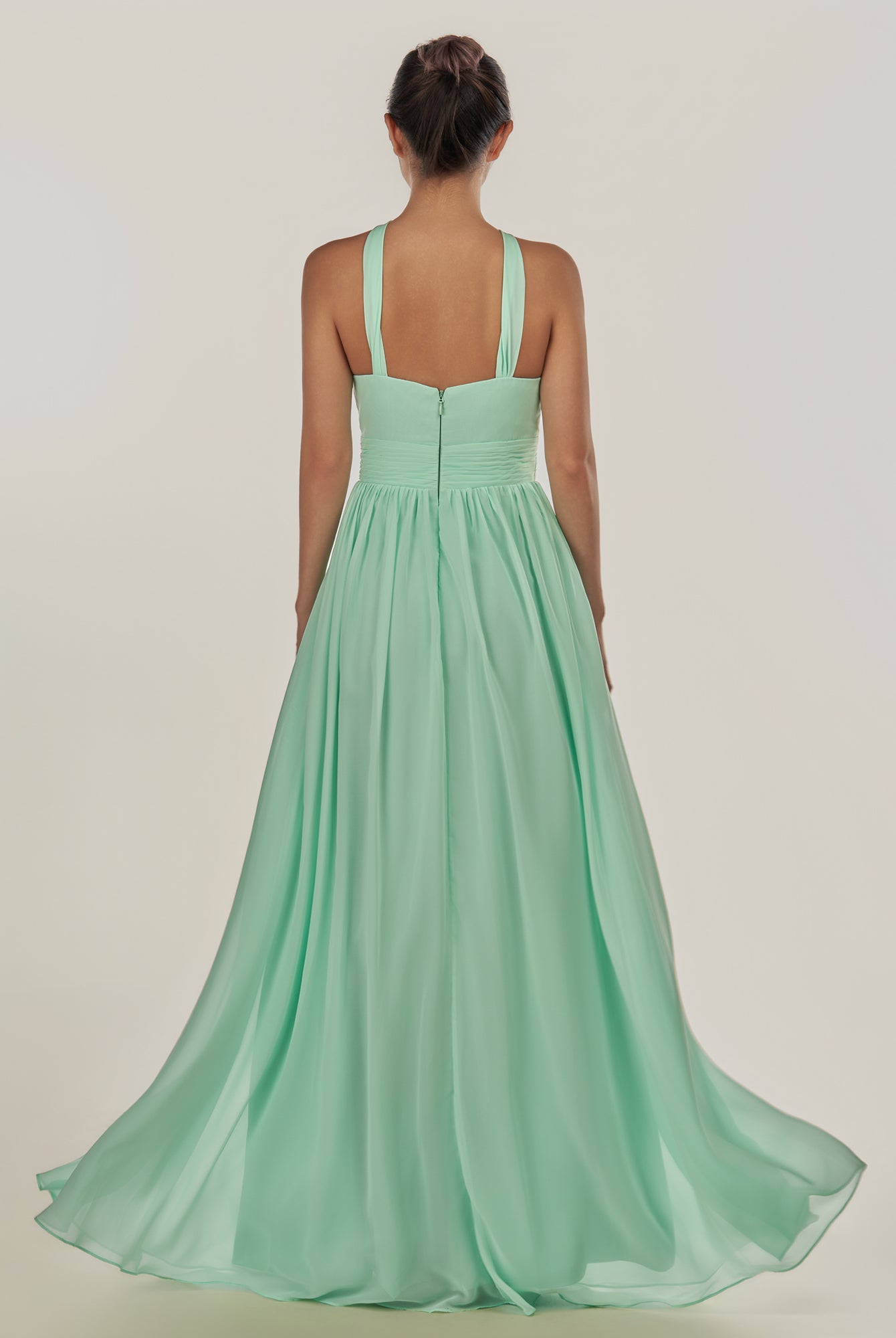 KissDress-Ciri Pale Pistachio A Line Chiffon Halter Neck Pleated Long Bridesmaid Dress with Slit