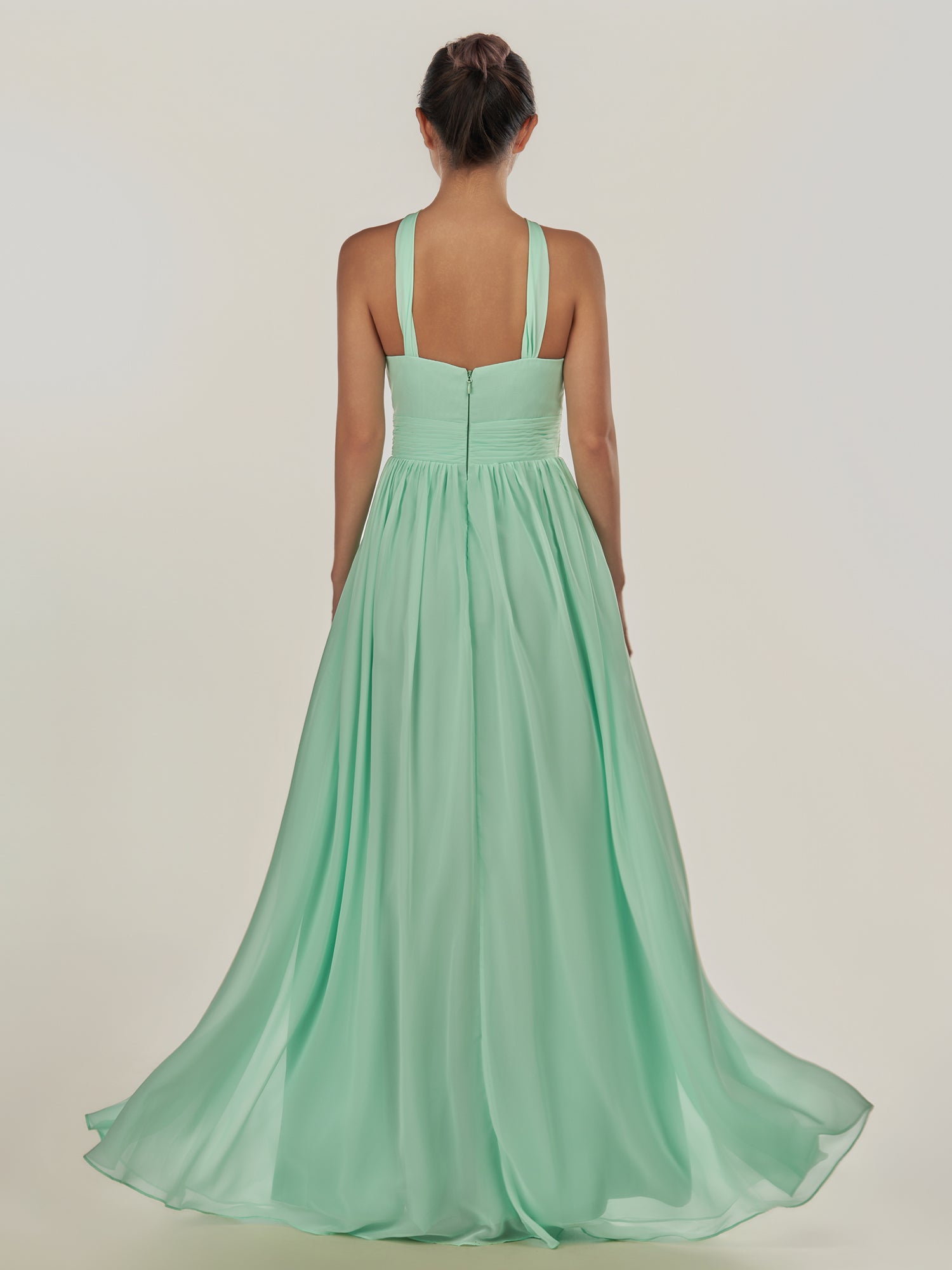 KissDress-Ciri Pale Pistachio A Line Chiffon Halter Neck Pleated Long Bridesmaid Dress with Slit