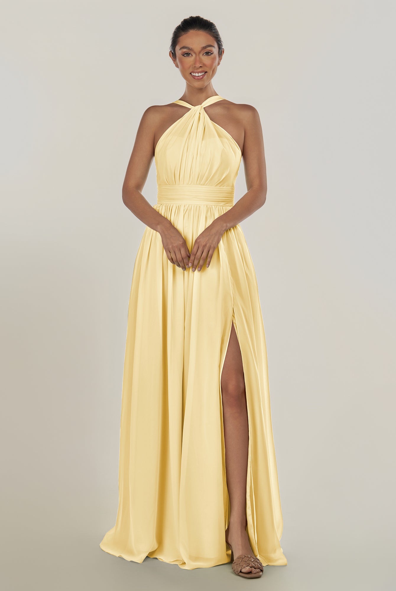 KissDress-Ciri Pastel Yellow A Line Chiffon Halter Neck Pleated Long Bridesmaid Dress with Slit