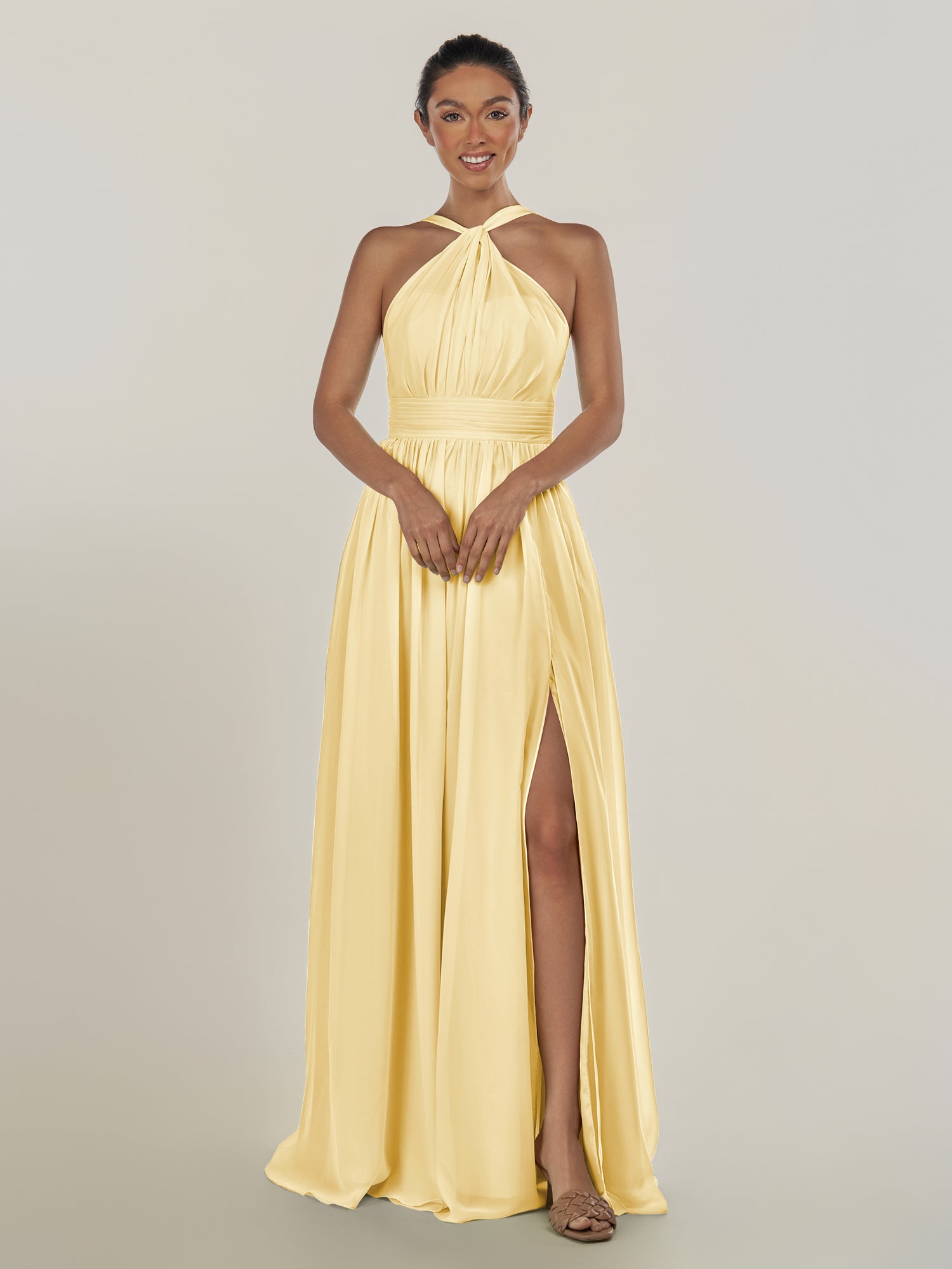 KissDress-Ciri Pastel Yellow A Line Chiffon Halter Neck Pleated Long Bridesmaid Dress with Slit