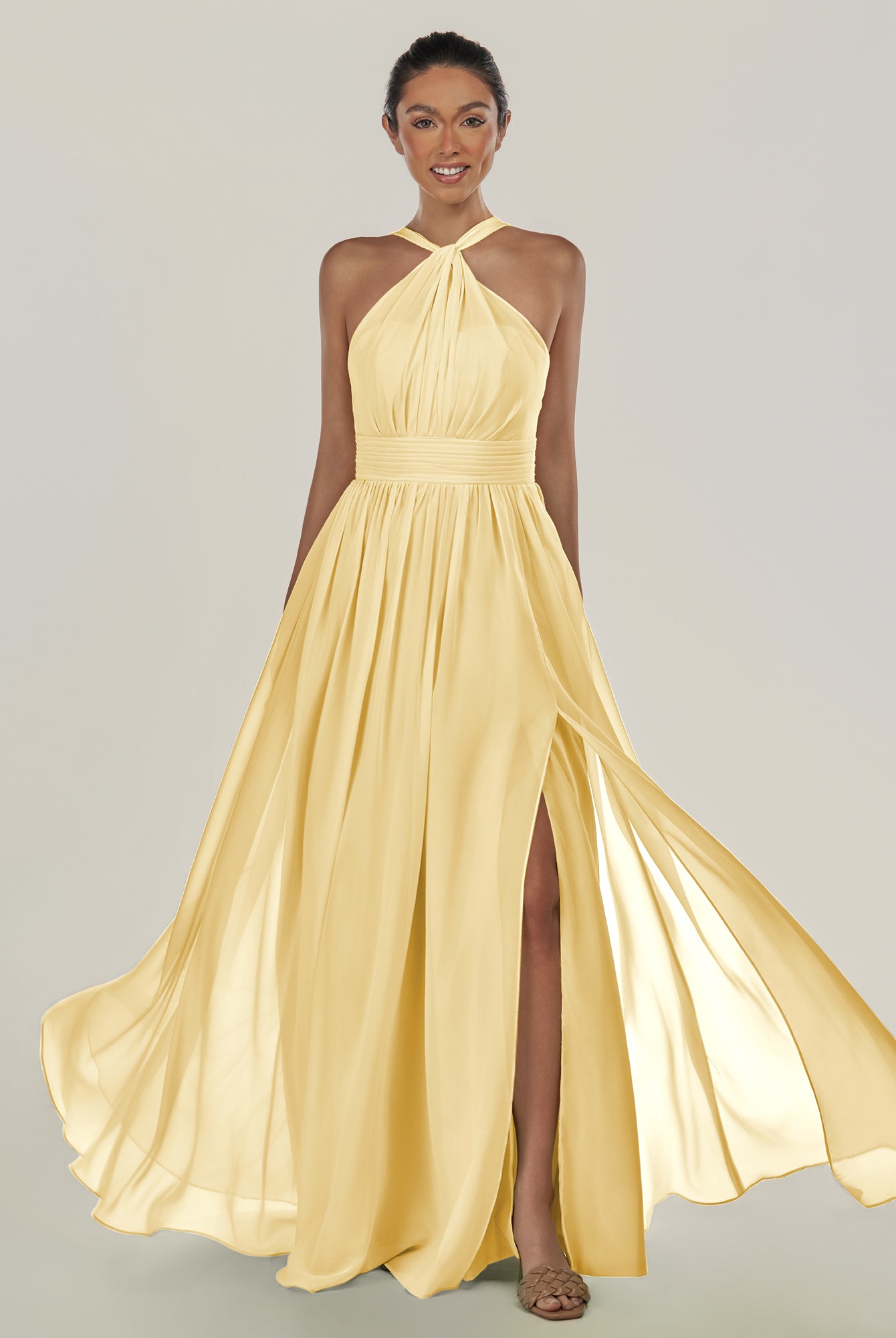 KissDress-Ciri Pastel Yellow A Line Chiffon Halter Neck Pleated Long Bridesmaid Dress with Slit