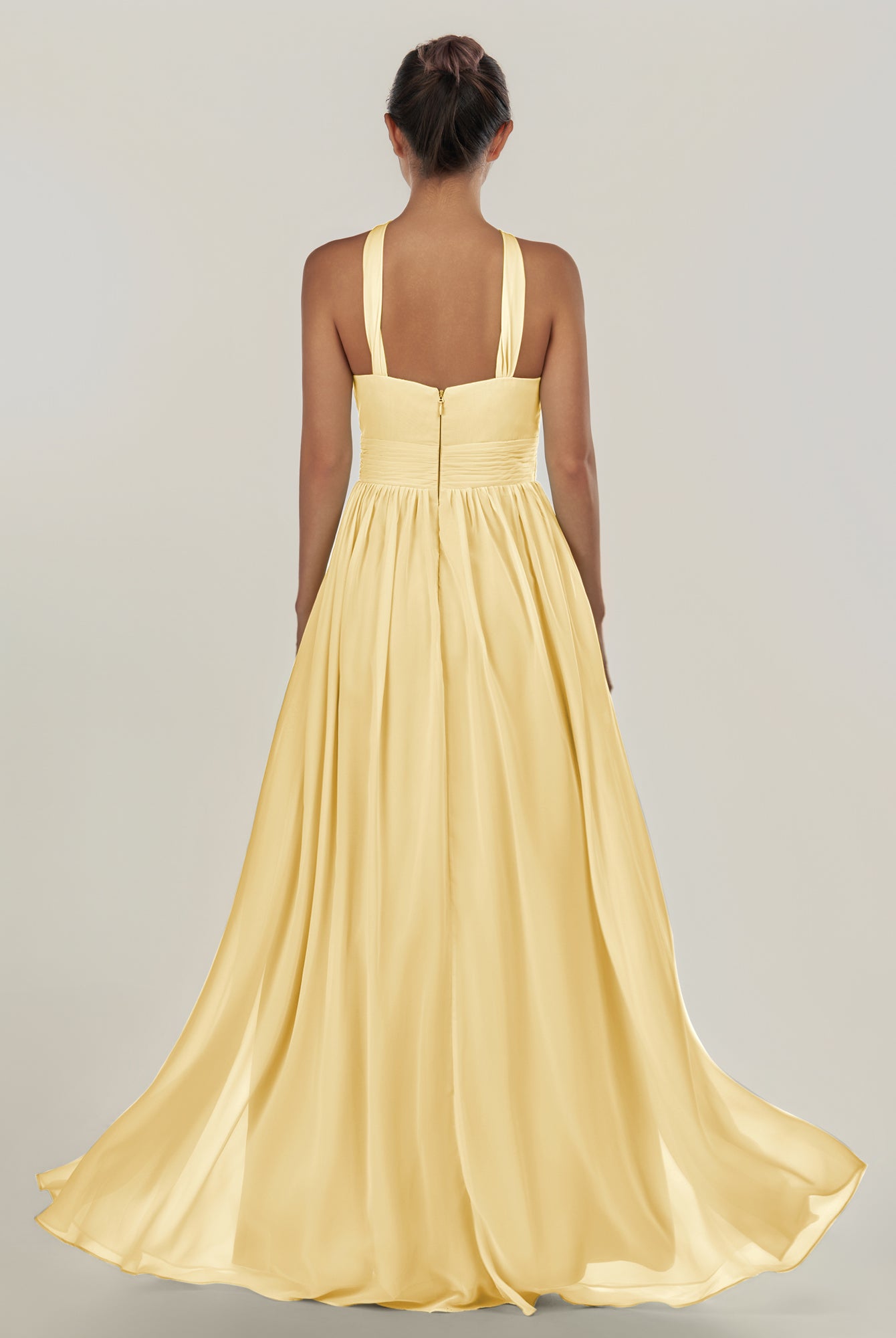 KissDress-Ciri Pastel Yellow A Line Chiffon Halter Neck Pleated Long Bridesmaid Dress with Slit