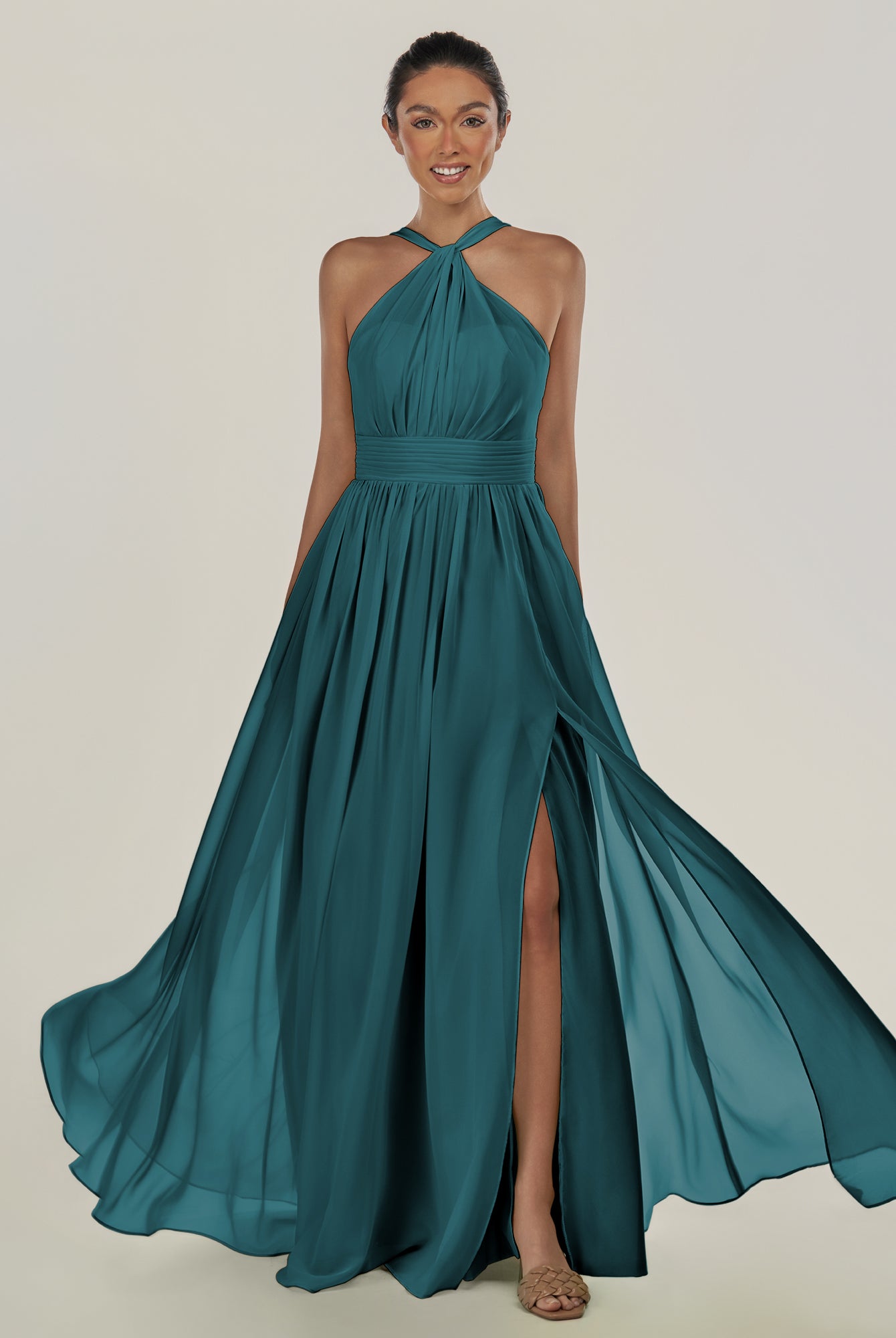KissDress-Ciri Pine A Line Chiffon Halter Neck Pleated Long Bridesmaid Dress with Slit