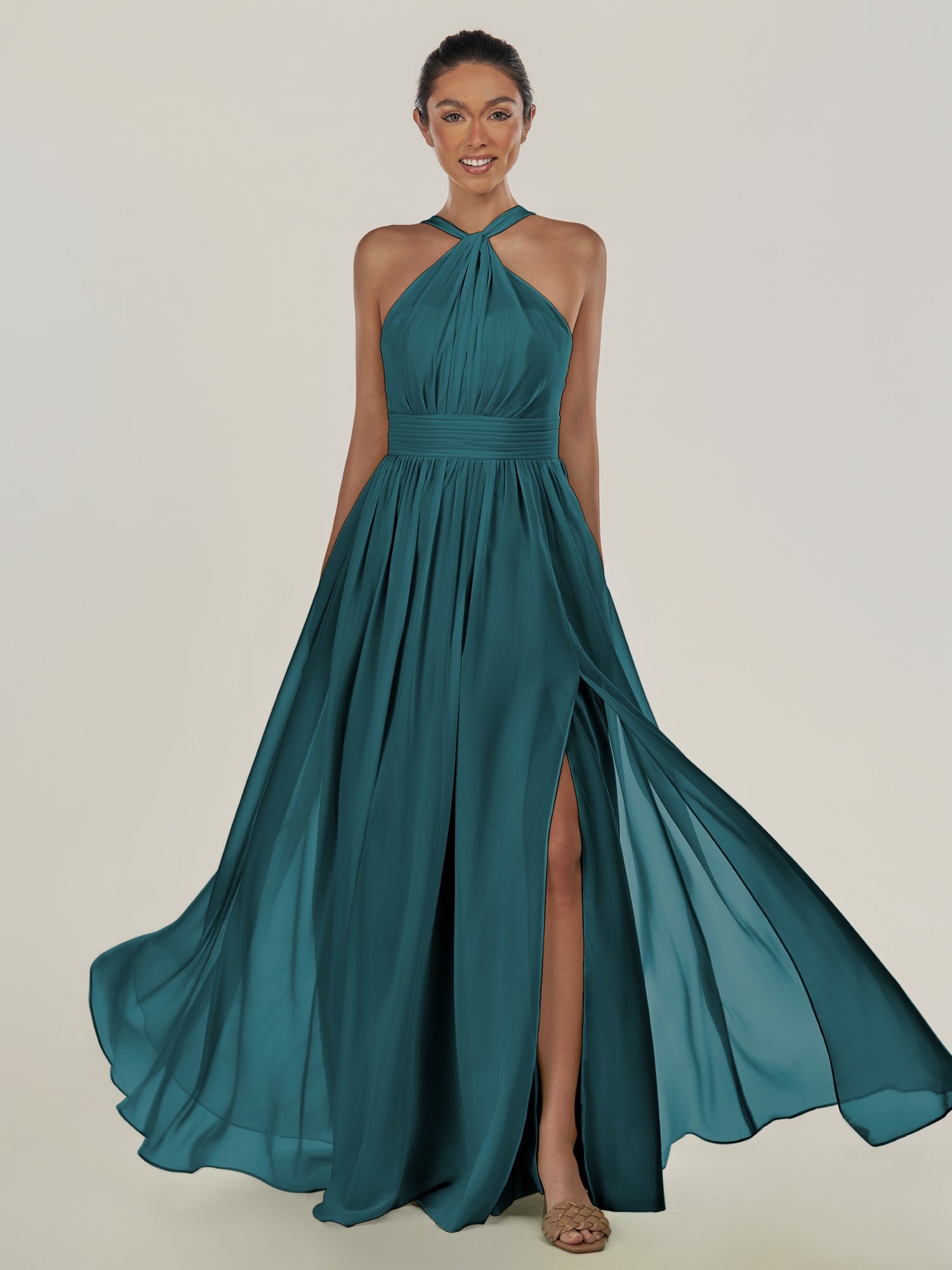 KissDress-Ciri Pine A Line Chiffon Halter Neck Pleated Long Bridesmaid Dress with Slit