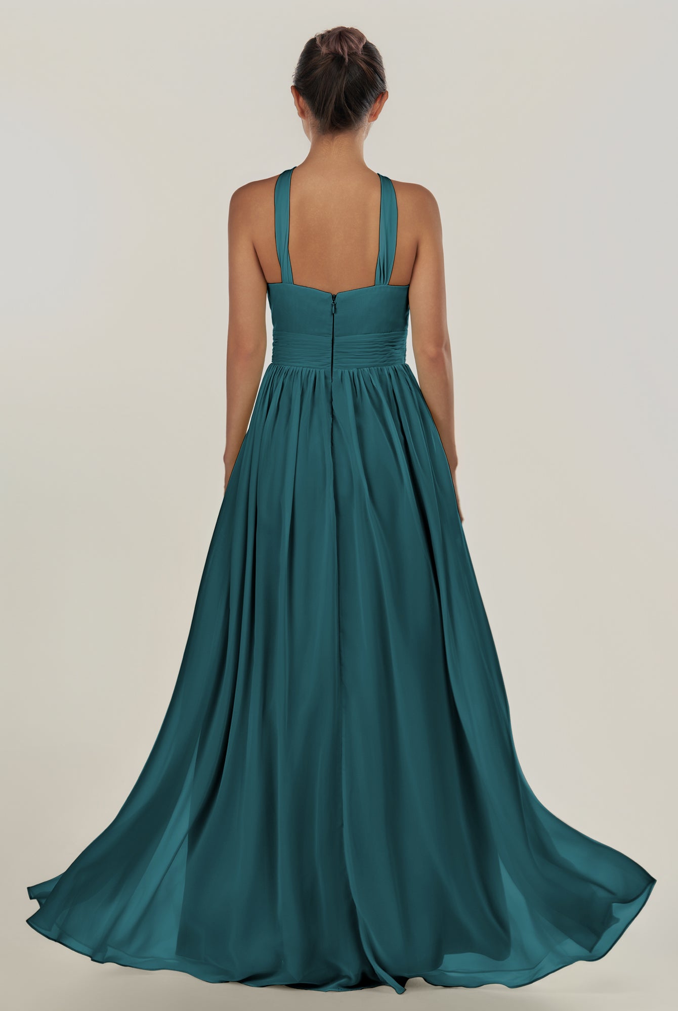 KissDress-Ciri Pine A Line Chiffon Halter Neck Pleated Long Bridesmaid Dress with Slit
