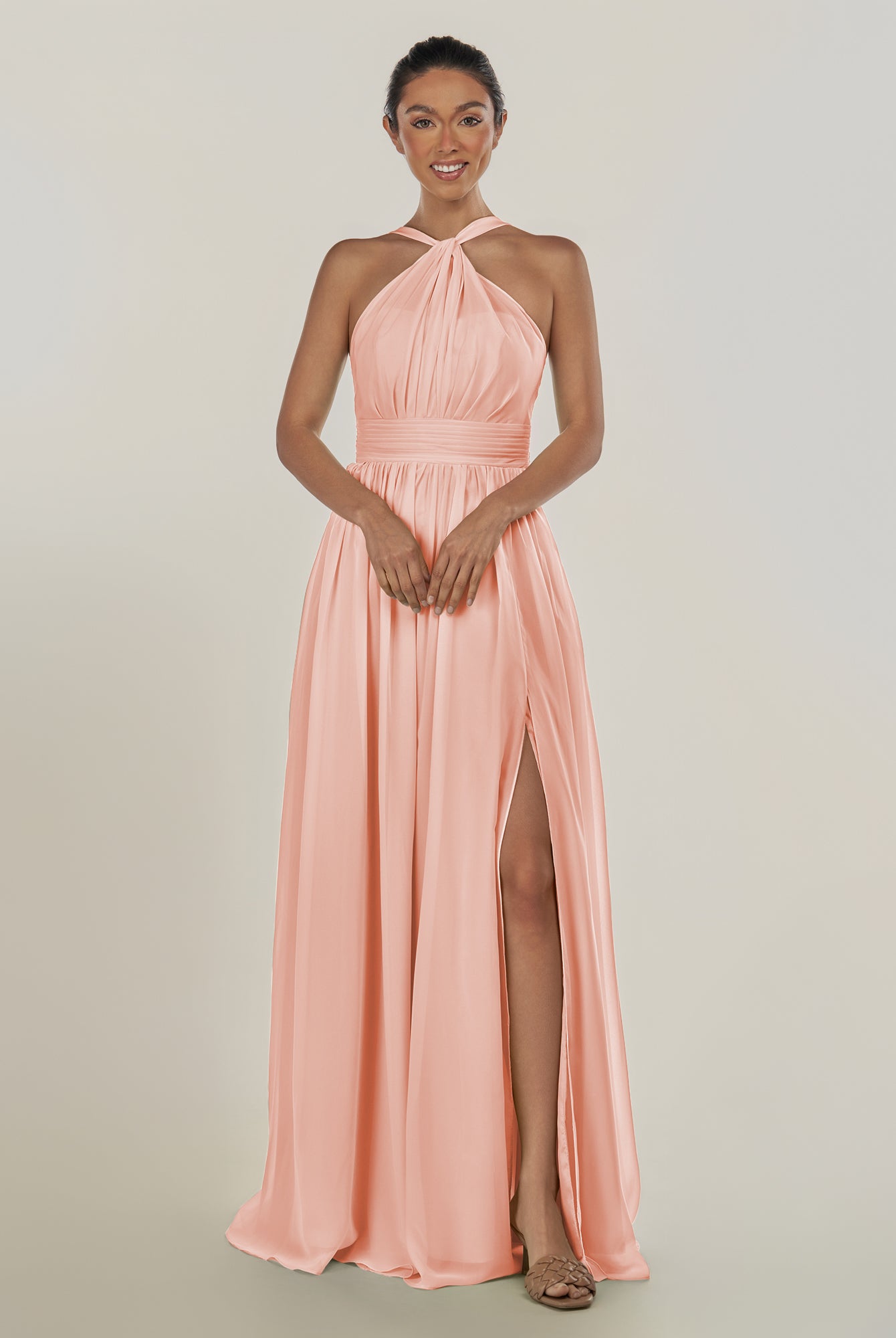 KissDress-Ciri Rose Petal A Line Chiffon Halter Neck Pleated Long Bridesmaid Dress with Slit