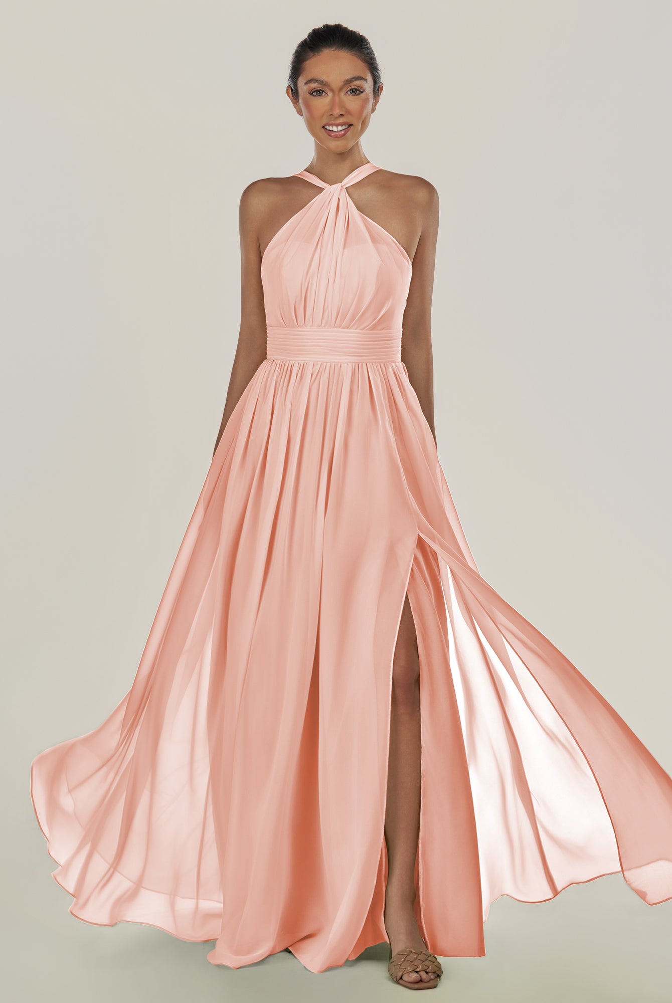 KissDress-Ciri Rose Petal A Line Chiffon Halter Neck Pleated Long Bridesmaid Dress with Slit