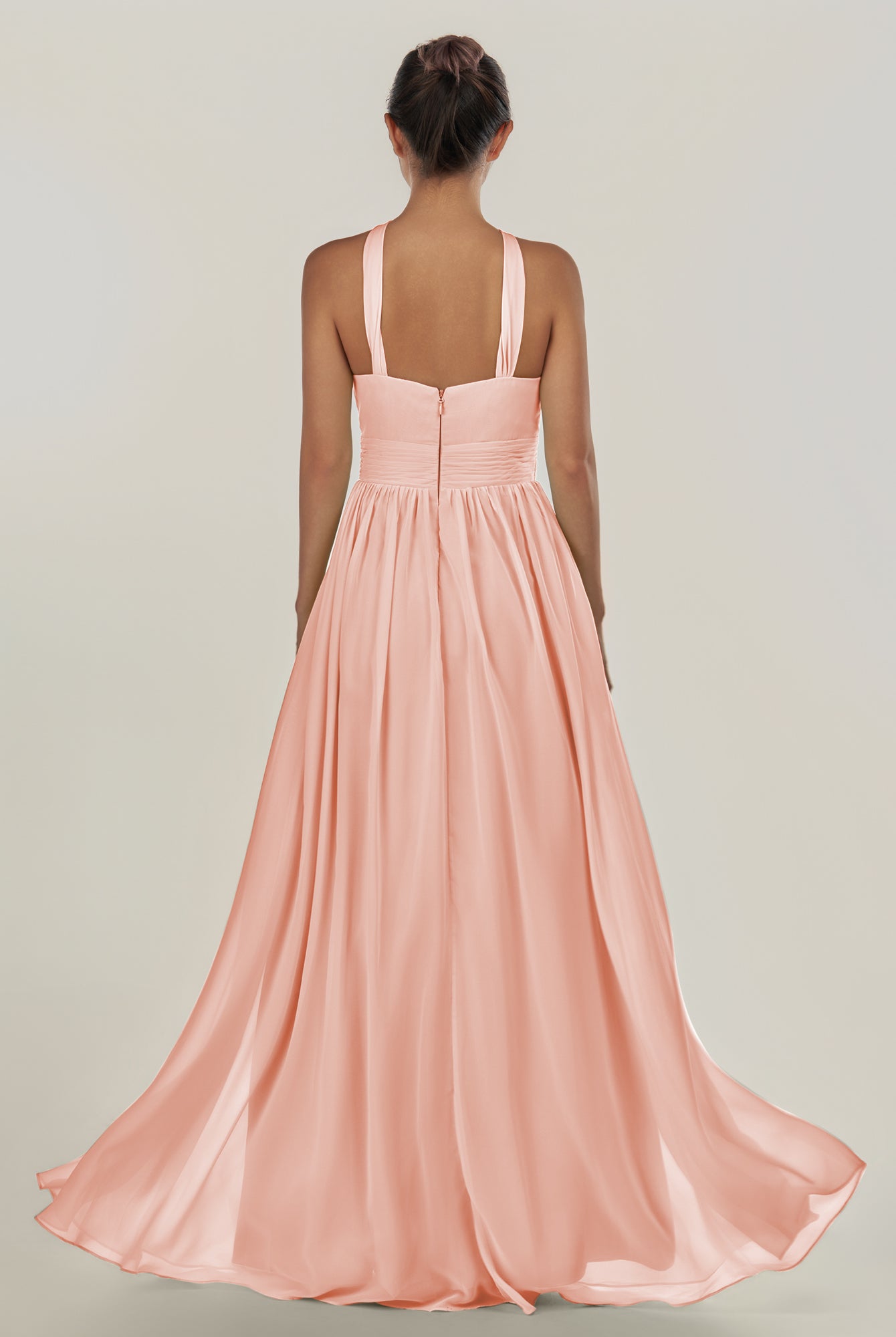 KissDress-Ciri Rose Petal A Line Chiffon Halter Neck Pleated Long Bridesmaid Dress with Slit