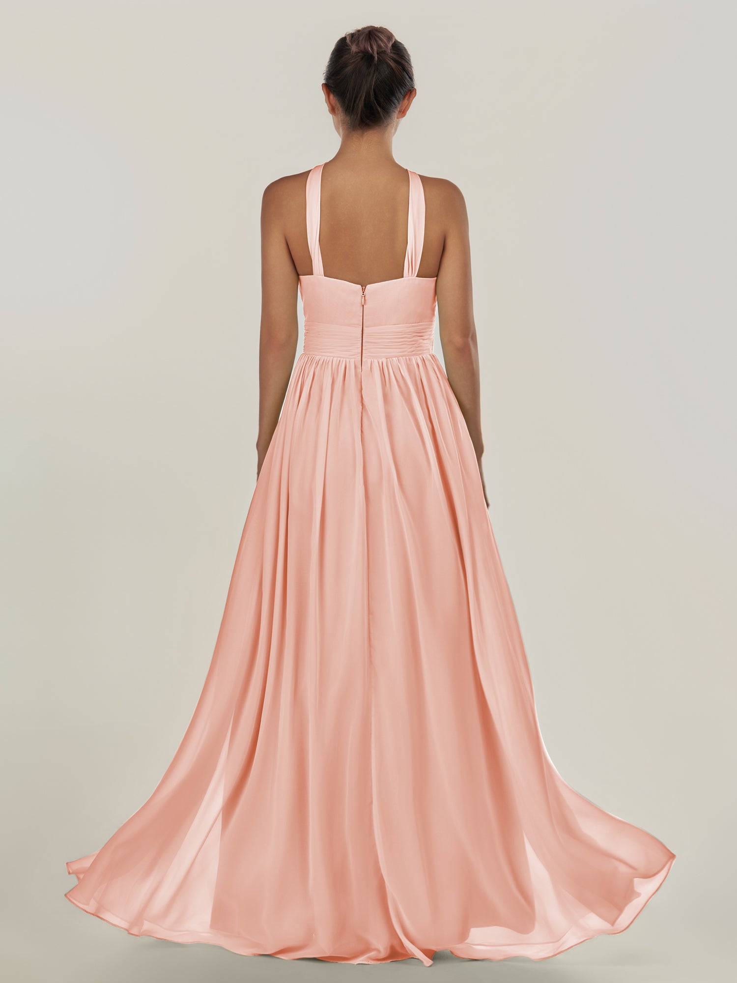 KissDress-Ciri Rose Petal A Line Chiffon Halter Neck Pleated Long Bridesmaid Dress with Slit