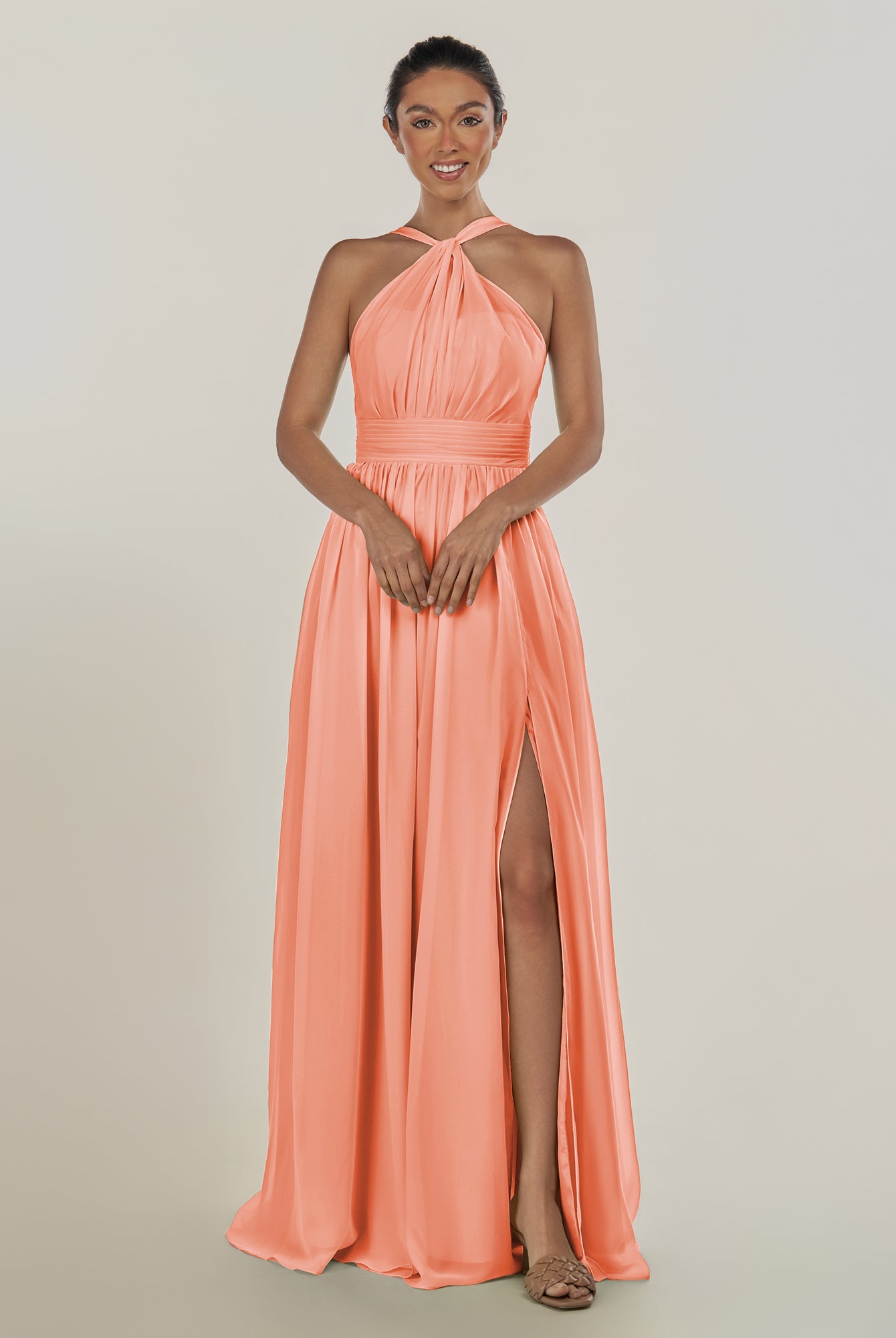 KissDress-Ciri Rosette A Line Chiffon Halter Neck Pleated Long Bridesmaid Dress with Slit