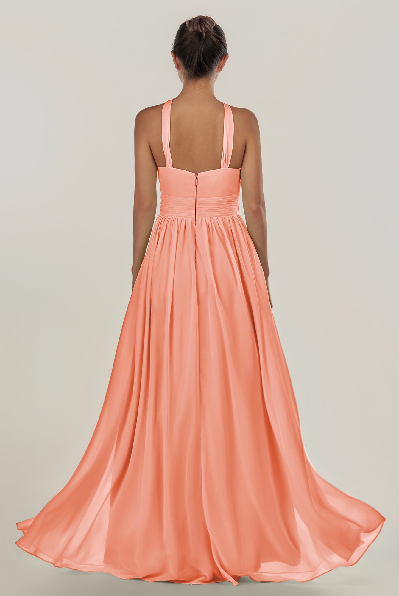 KissDress-Ciri Rosette A Line Chiffon Halter Neck Pleated Long Bridesmaid Dress with Slit