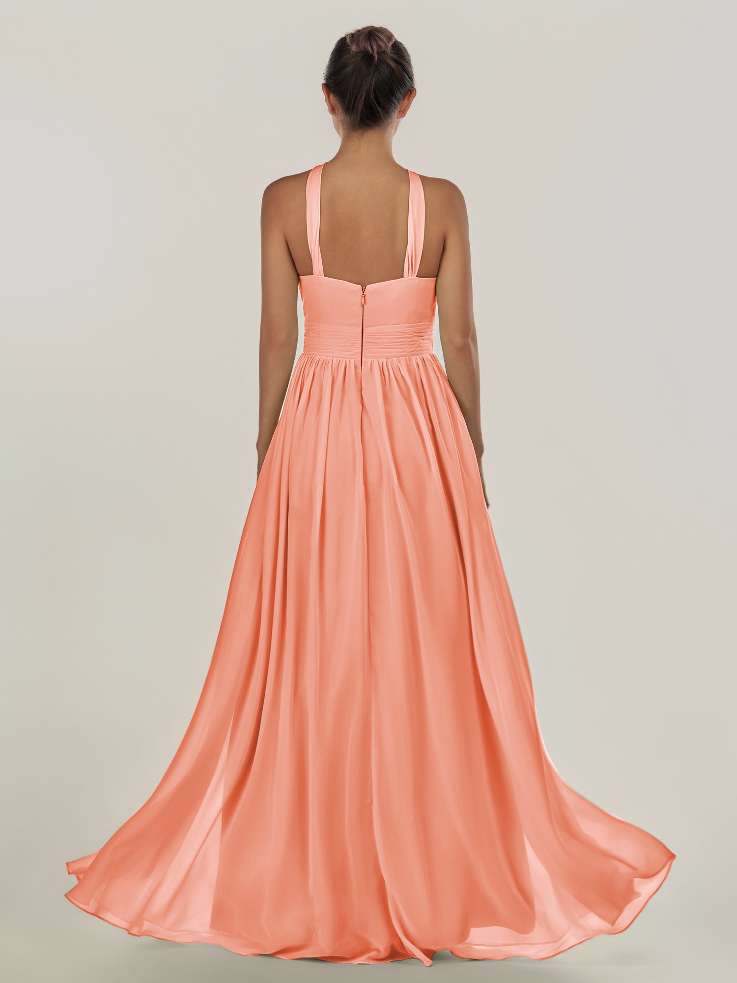KissDress-Ciri Rosette A Line Chiffon Halter Neck Pleated Long Bridesmaid Dress with Slit