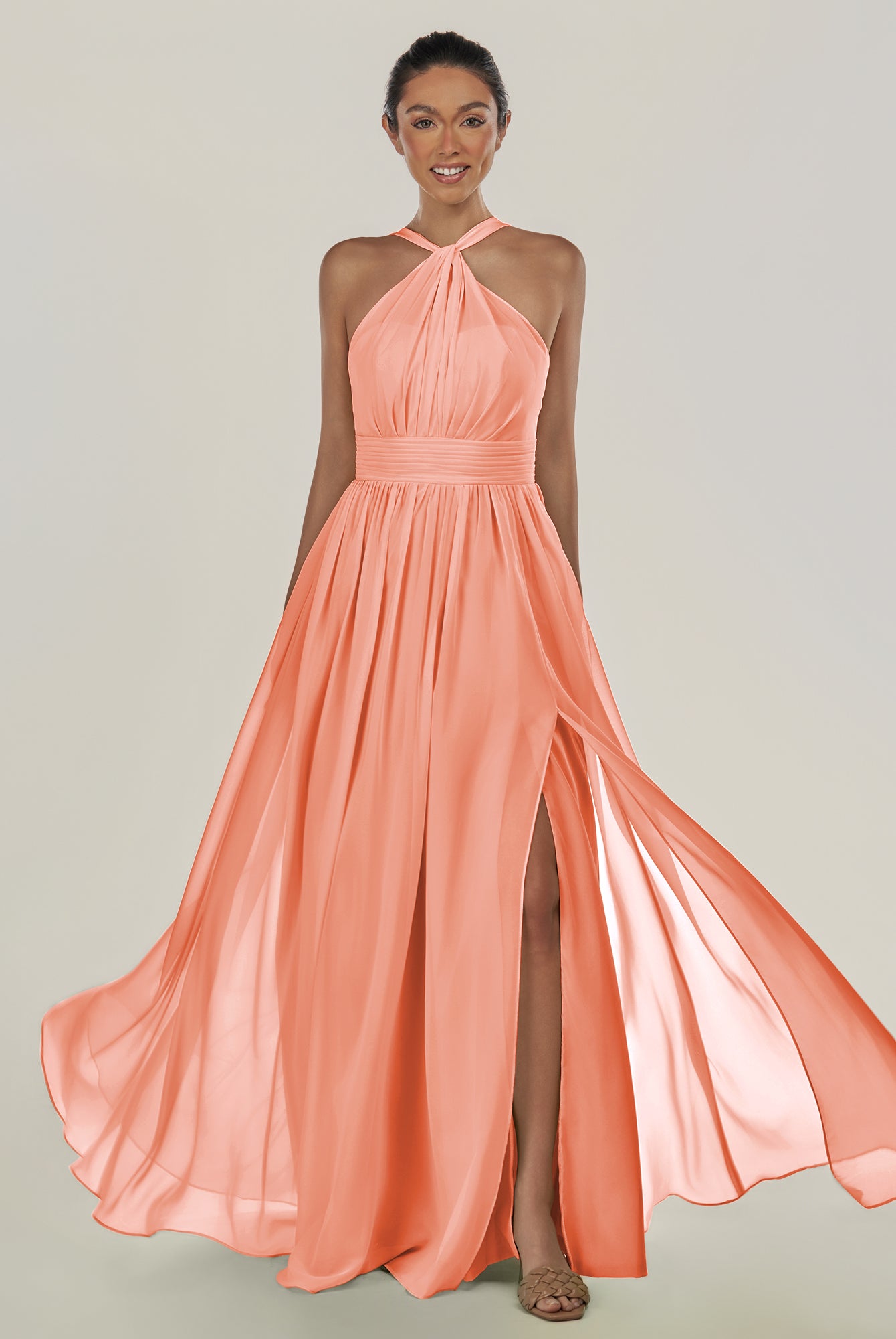 KissDress-Ciri Rosette A Line Chiffon Halter Neck Pleated Long Bridesmaid Dress with Slit