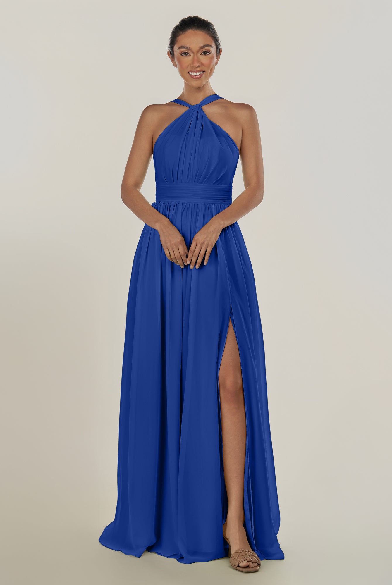 KissDress-Ciri Royal Blue A Line Chiffon Halter Neck Pleated Long Bridesmaid Dress with Slit