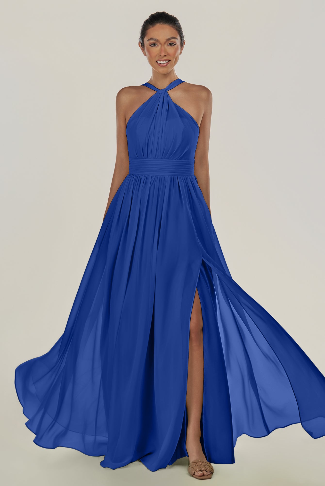 KissDress-Ciri Royal Blue A Line Chiffon Halter Neck Pleated Long Bridesmaid Dress with Slit