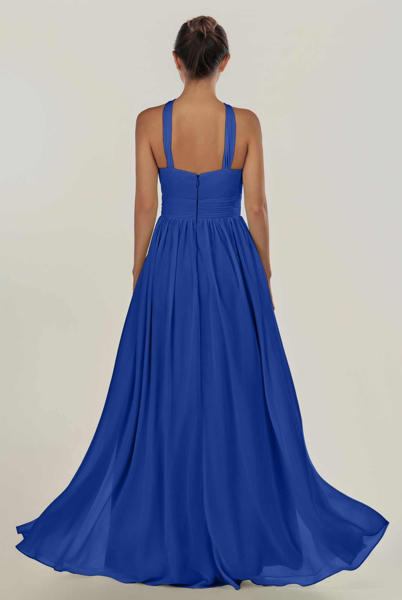 KissDress-Ciri Royal Blue A Line Chiffon Halter Neck Pleated Long Bridesmaid Dress with Slit