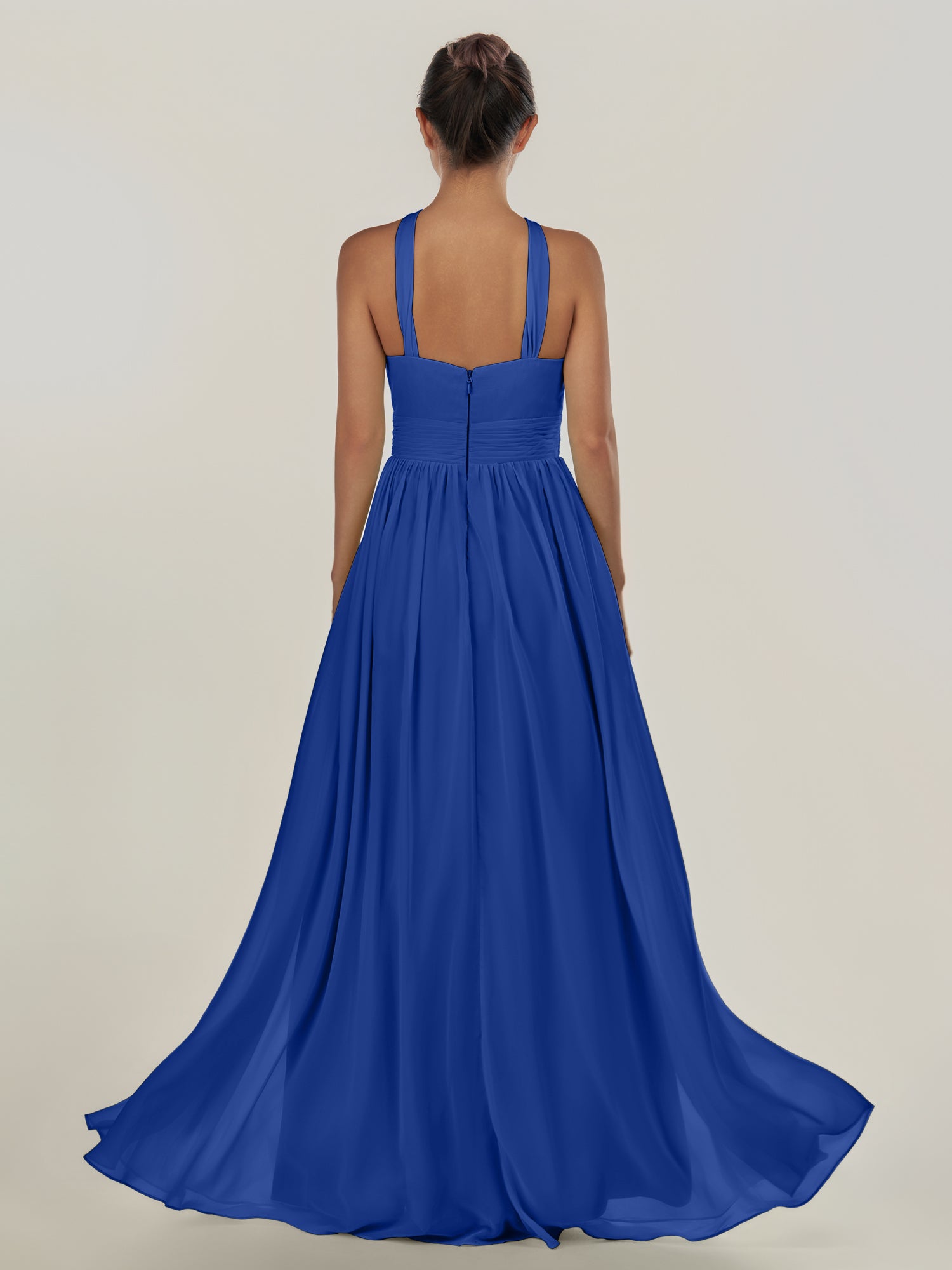 KissDress-Ciri Royal Blue A Line Chiffon Halter Neck Pleated Long Bridesmaid Dress with Slit