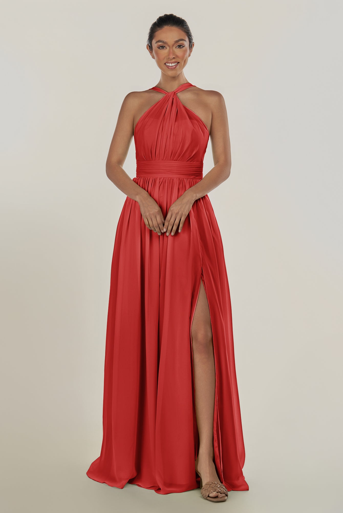 KissDress-Ciri Ruby Red A Line Chiffon Halter Neck Pleated Long Bridesmaid Dress with Slit