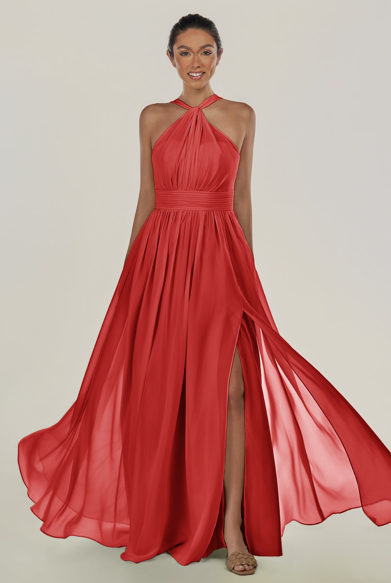 KissDress-Ciri Ruby Red A Line Chiffon Halter Neck Pleated Long Bridesmaid Dress with Slit
