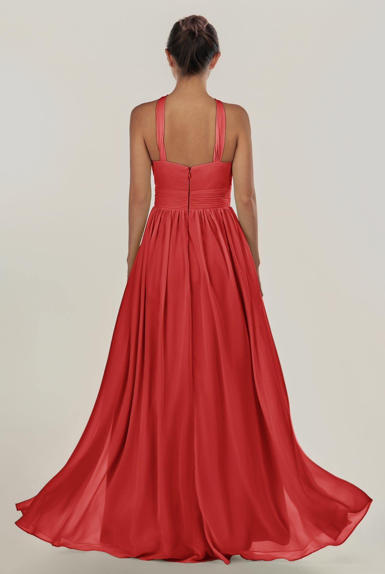 KissDress-Ciri Ruby Red A Line Chiffon Halter Neck Pleated Long Bridesmaid Dress with Slit
