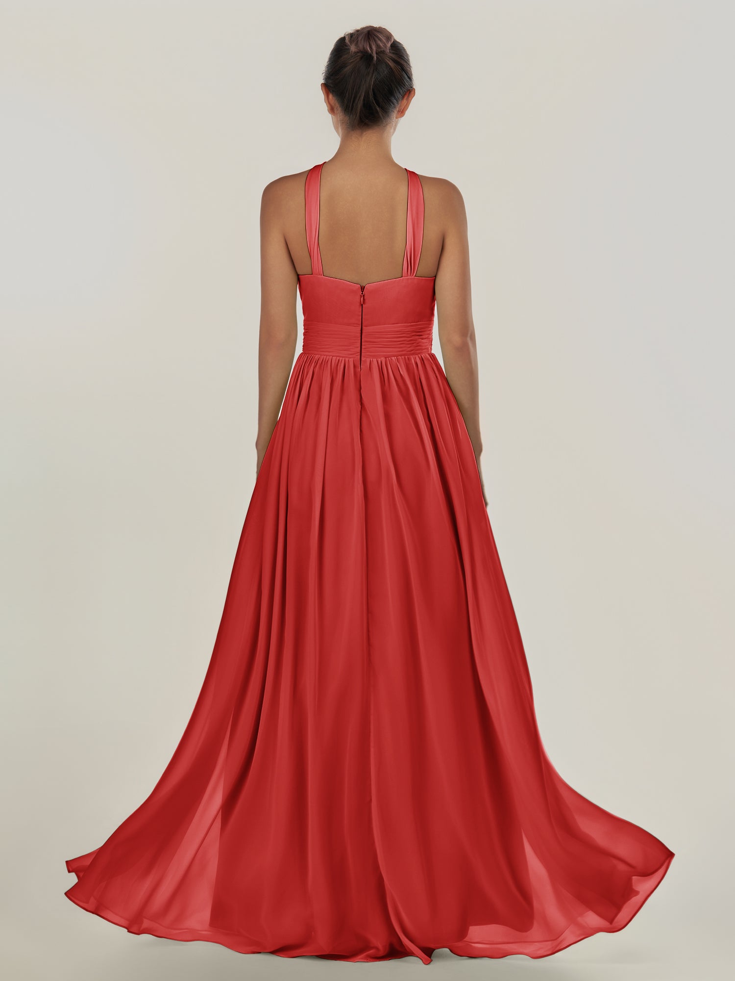 KissDress-Ciri Ruby Red A Line Chiffon Halter Neck Pleated Long Bridesmaid Dress with Slit