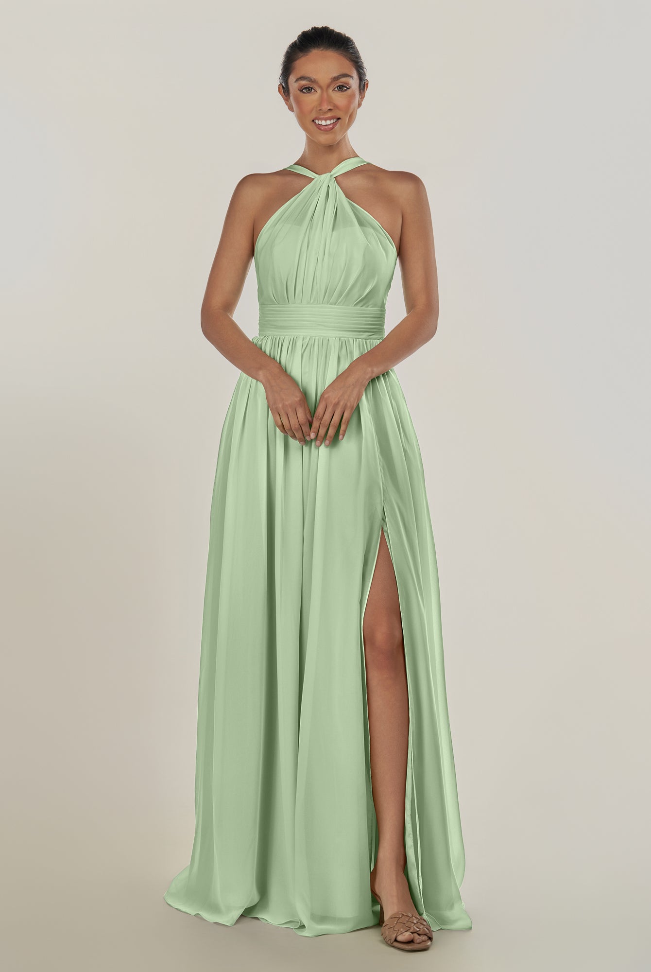 KissDress-Ciri Sage A Line Chiffon Halter Neck Pleated Long Bridesmaid Dress with Slit