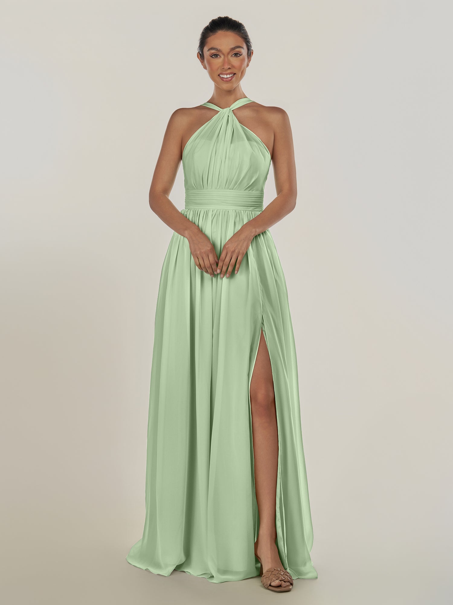 KissDress-Ciri Sage A Line Chiffon Halter Neck Pleated Long Bridesmaid Dress with Slit