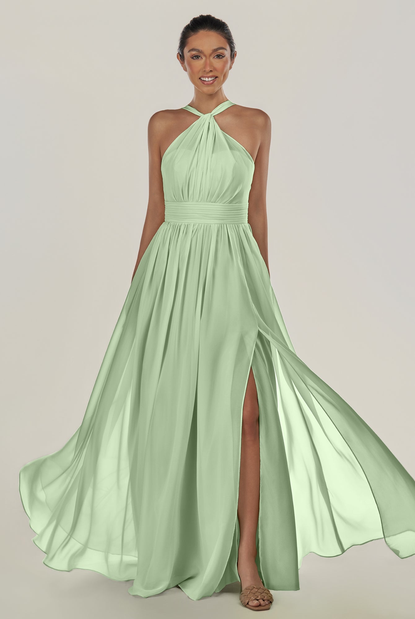 KissDress-Ciri Sage A Line Chiffon Halter Neck Pleated Long Bridesmaid Dress with Slit