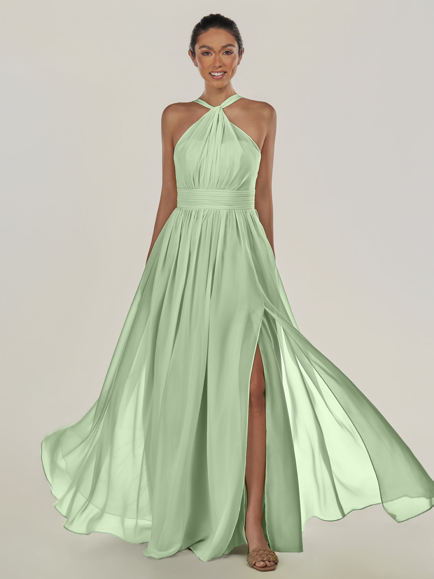 KissDress-Ciri Sage A Line Chiffon Halter Neck Pleated Long Bridesmaid Dress with Slit