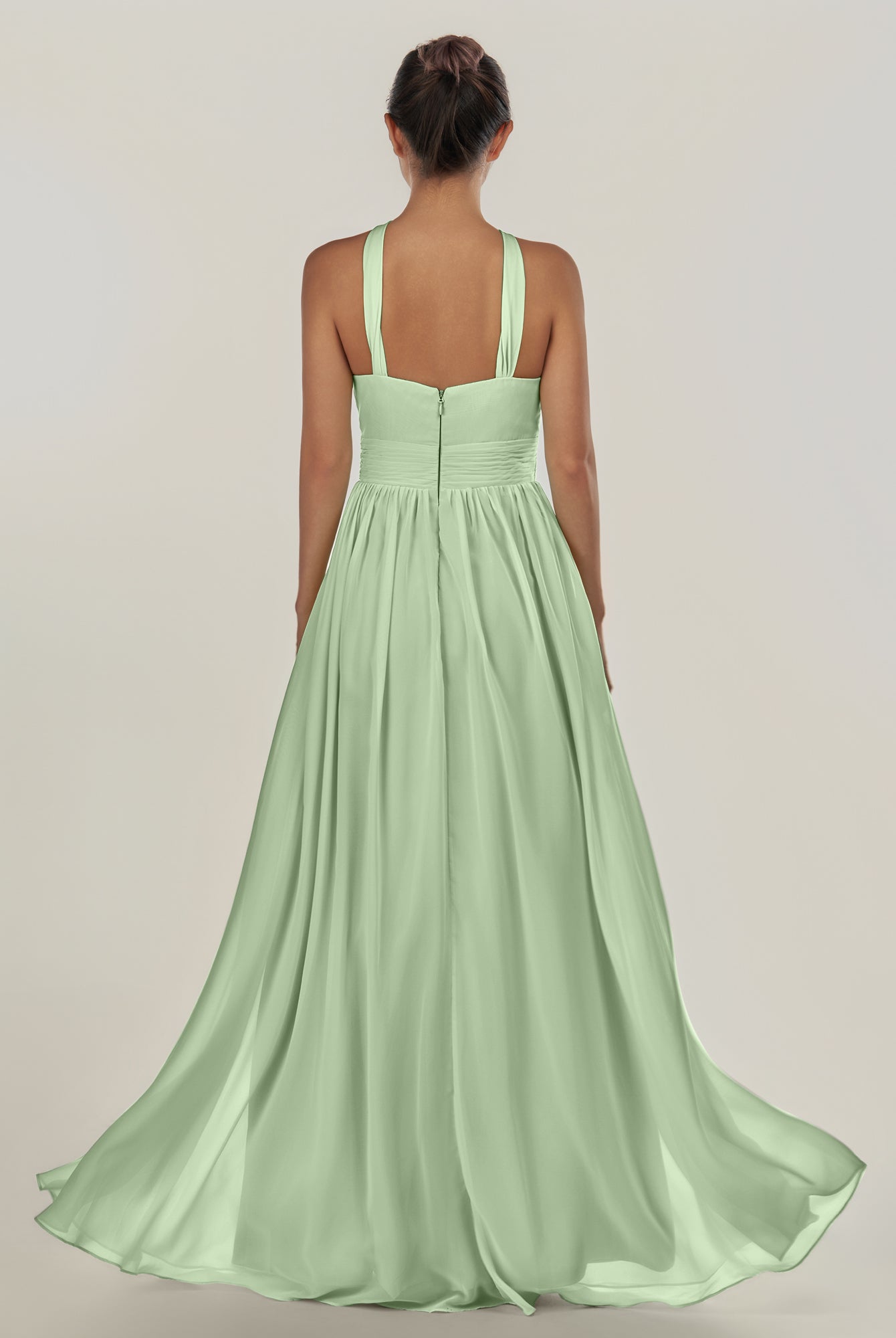 KissDress-Ciri Sage A Line Chiffon Halter Neck Pleated Long Bridesmaid Dress with Slit