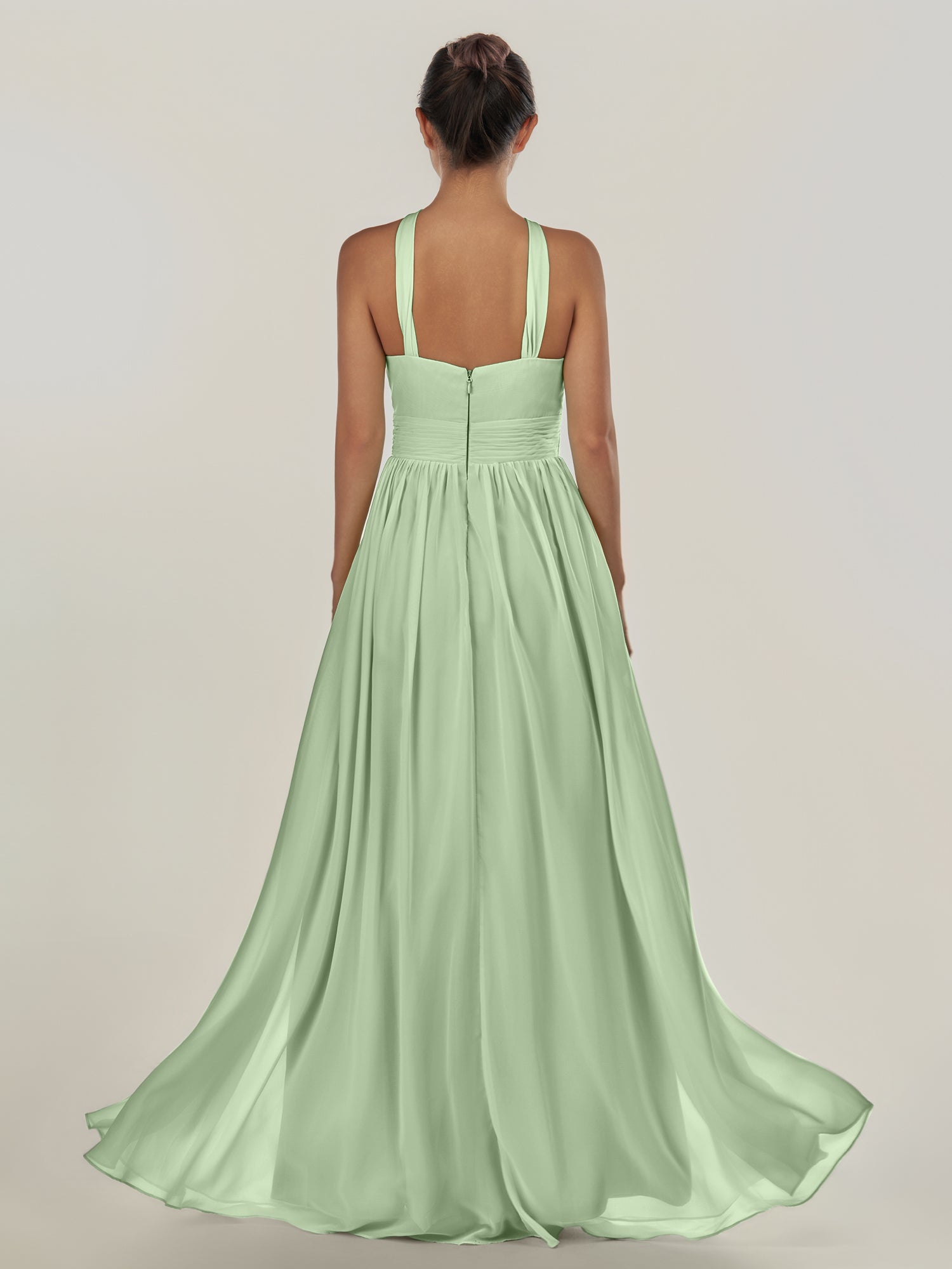 KissDress-Ciri Sage A Line Chiffon Halter Neck Pleated Long Bridesmaid Dress with Slit