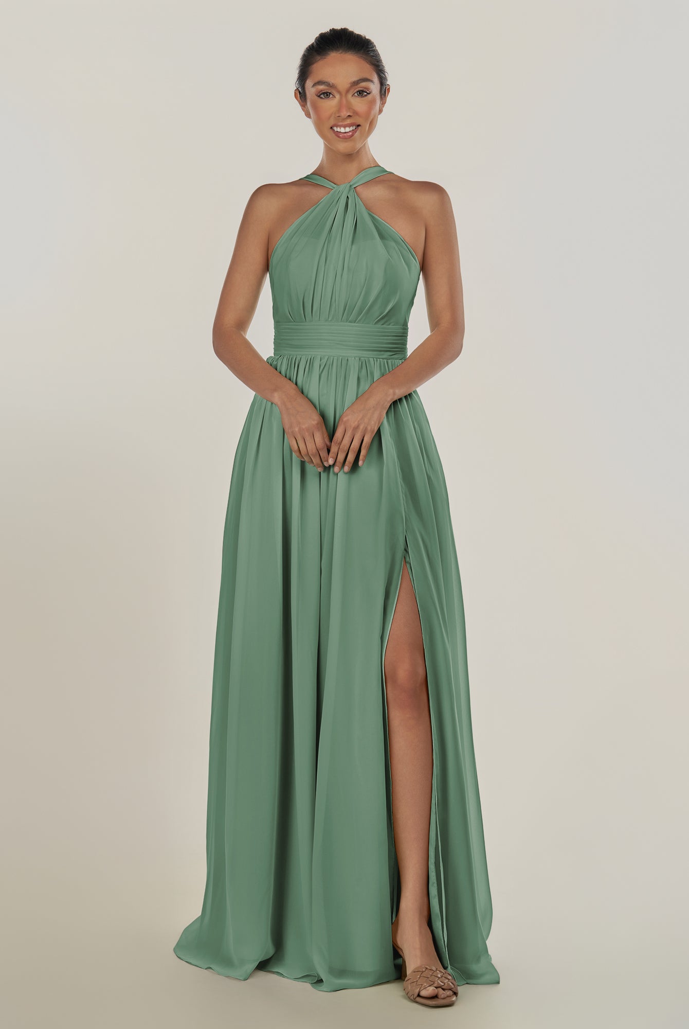 KissDress-Ciri Sea Glass A Line Chiffon Halter Neck Pleated Long Bridesmaid Dress with Slit