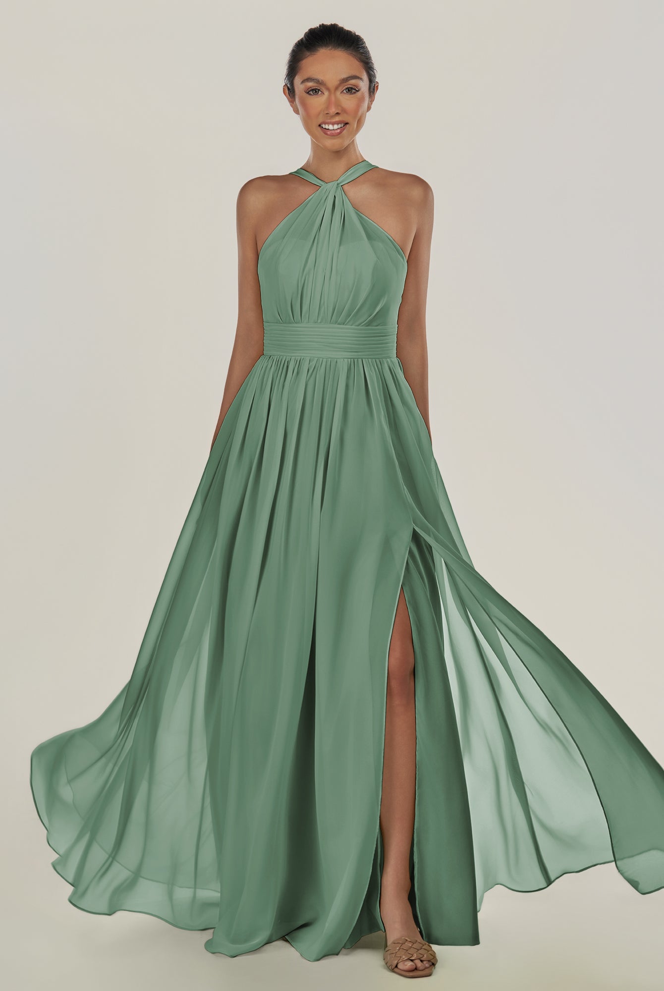 KissDress-Ciri Sea Glass A Line Chiffon Halter Neck Pleated Long Bridesmaid Dress with Slit