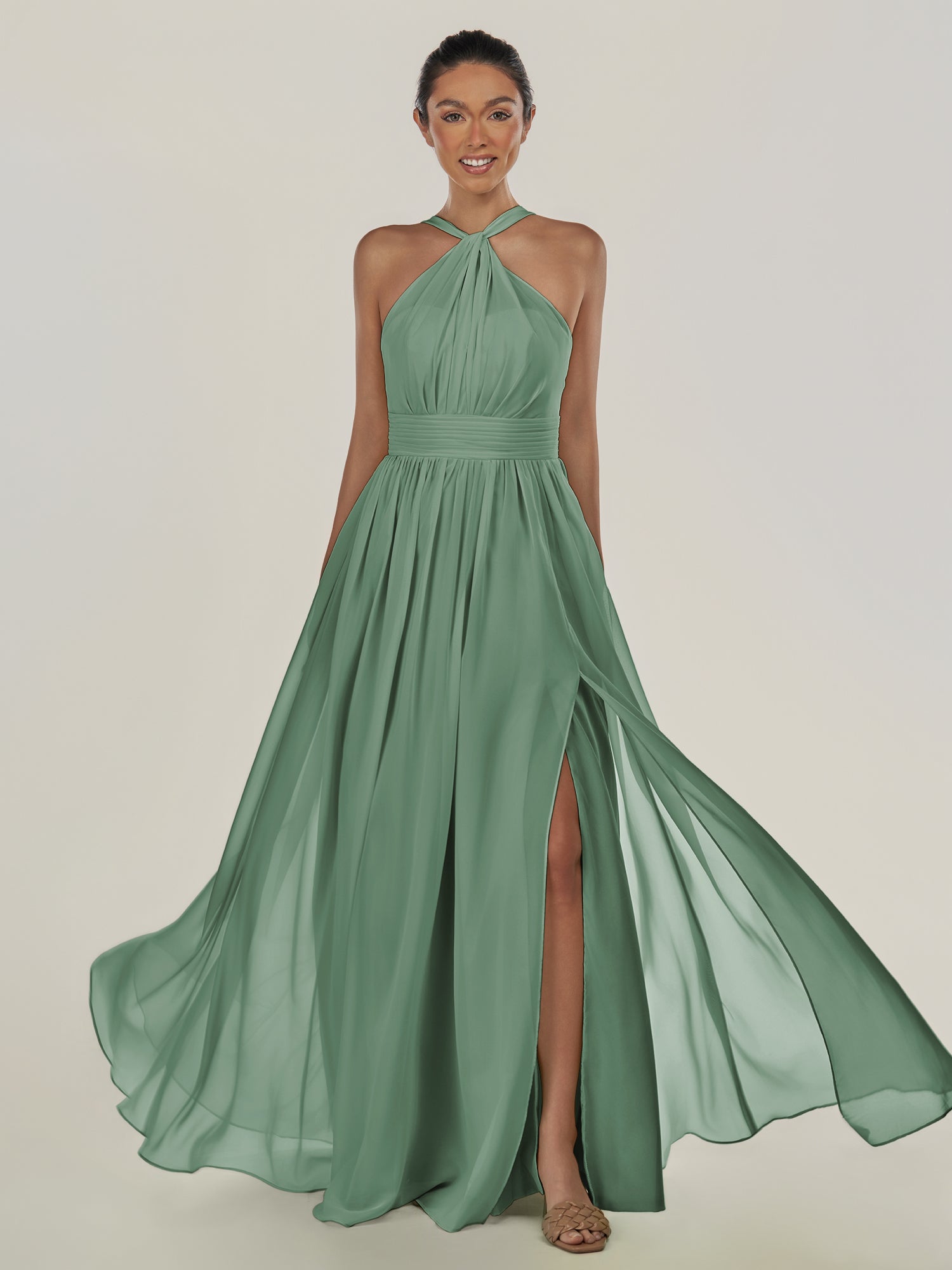 KissDress-Ciri Sea Glass A Line Chiffon Halter Neck Pleated Long Bridesmaid Dress with Slit